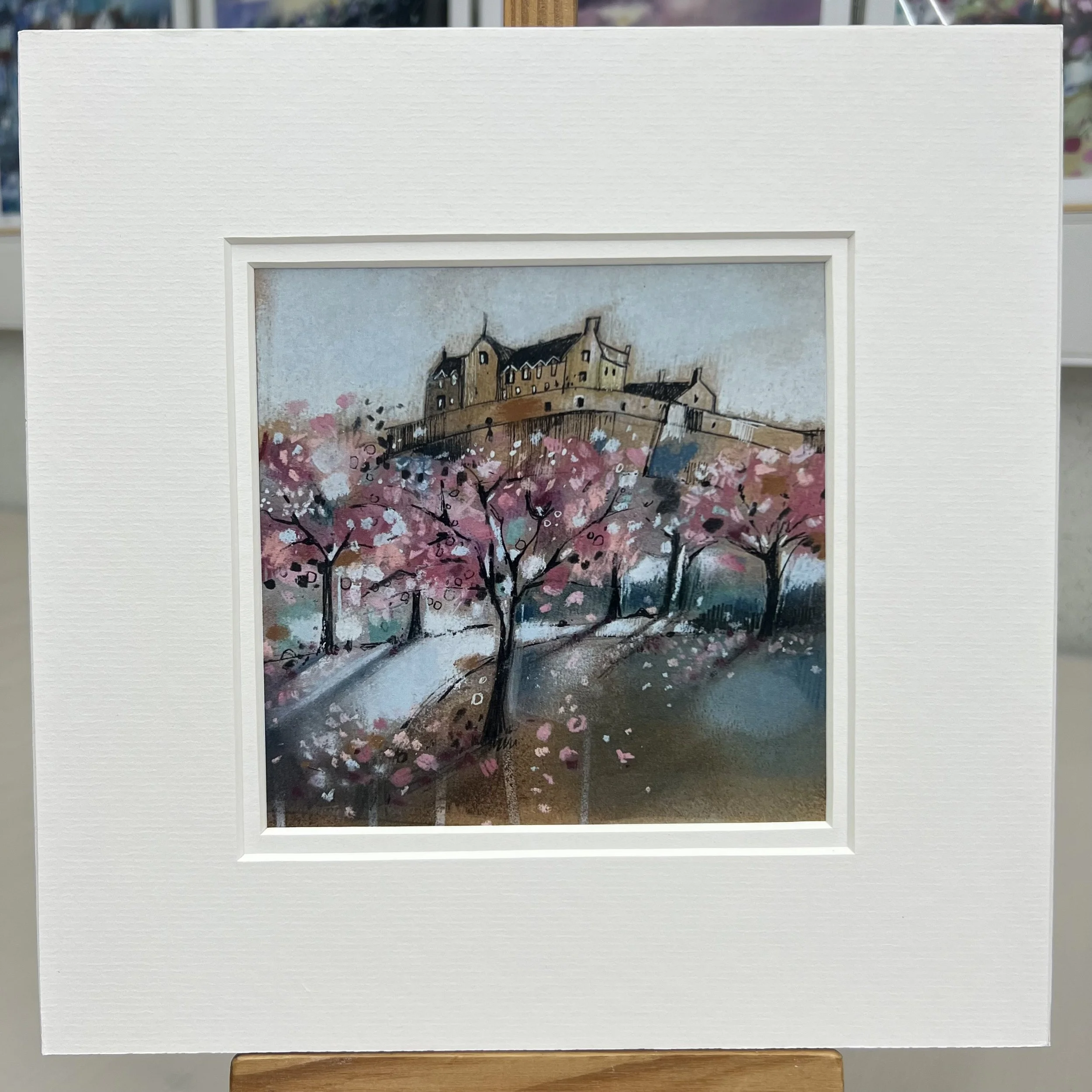 Greetings Card Princes Street Gardens Edinburgh Castle by Scottish Landscape Artist Emma S Davis. Mounted option.