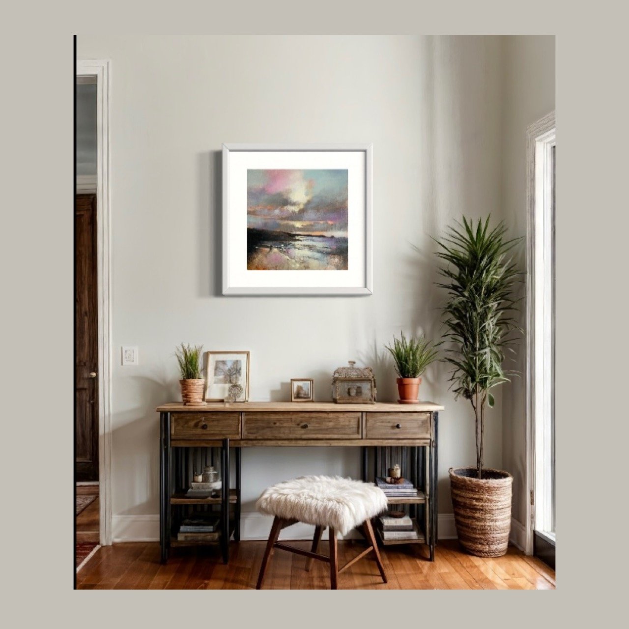 Art print limited edition by Scottish landscape artist Emma S Davis Artist. Beach scene with a couple strolling along the shore.