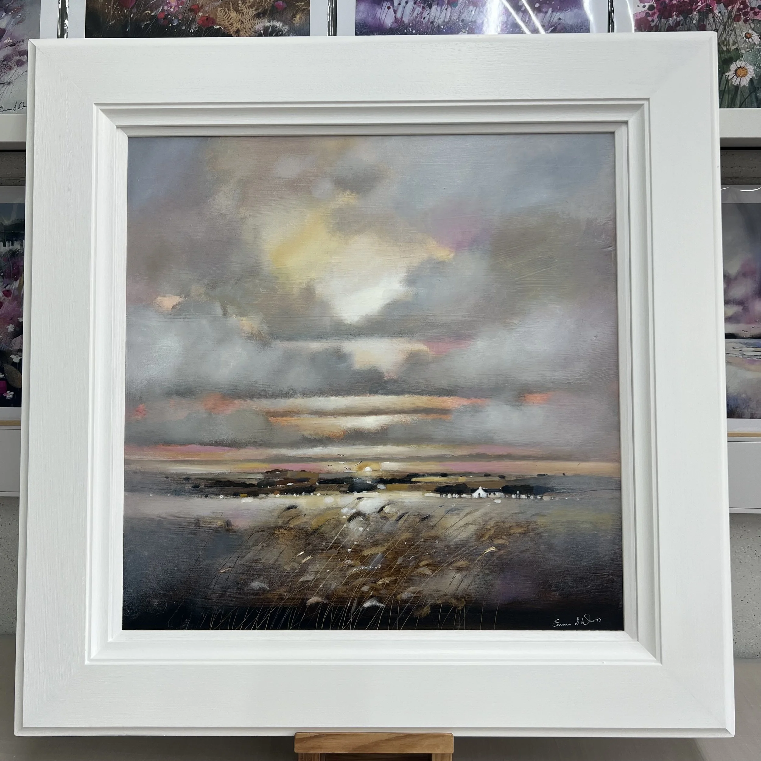 Original oil painting of a Highland sunset inspired by the barley fields near Tain and the Glenmorangie Distillery by Scottish artist Emma S Davis. Framed view.