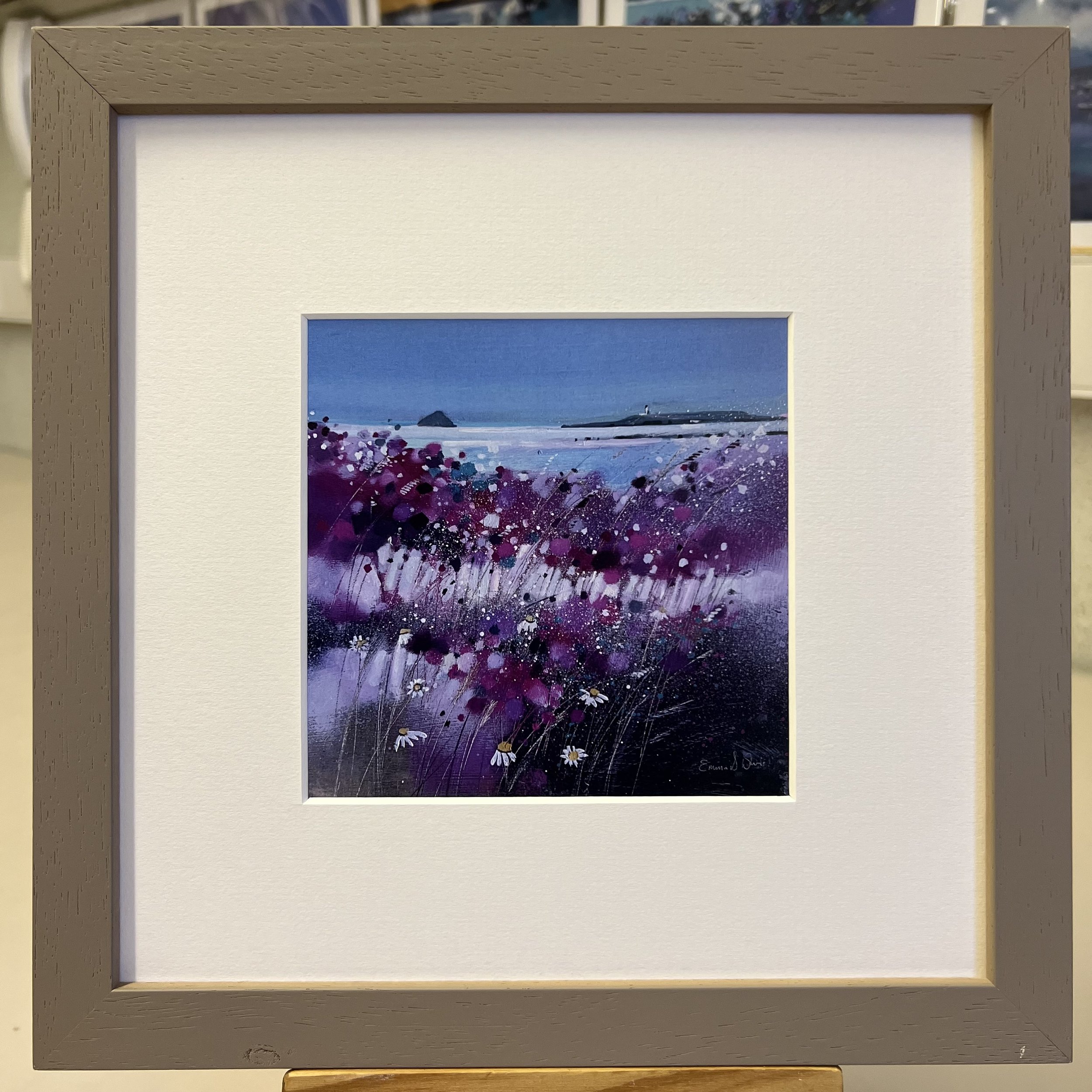 'Wildflowers, Kildonan, Arran' framed art card by Emma S Davis Scottish landscape artist framed in light grey