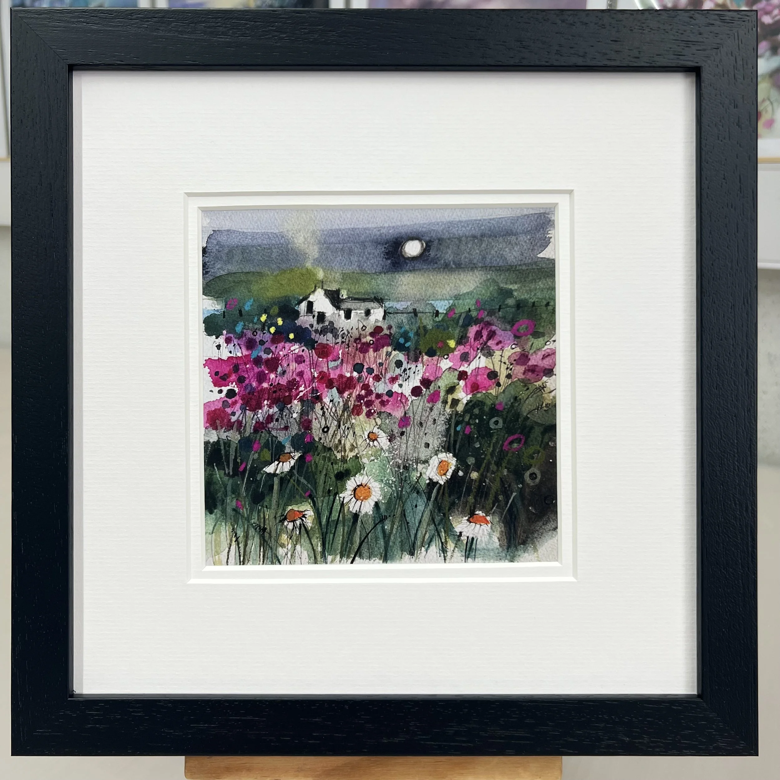 Framed Art Card Outer Hebrides Machair by Scottish Landscape Artist Emma S Davis. Black Frame Double Mount