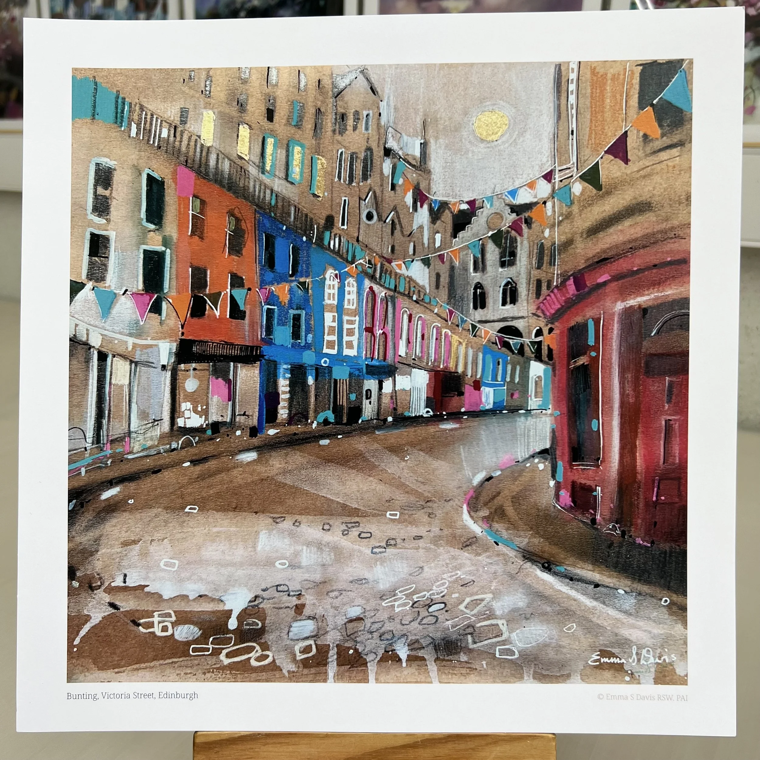 Bunting Victoria Street Edinburgh art print featuring the famous curved cobbled street in Edinburgh, Scotland. Unmounted option.