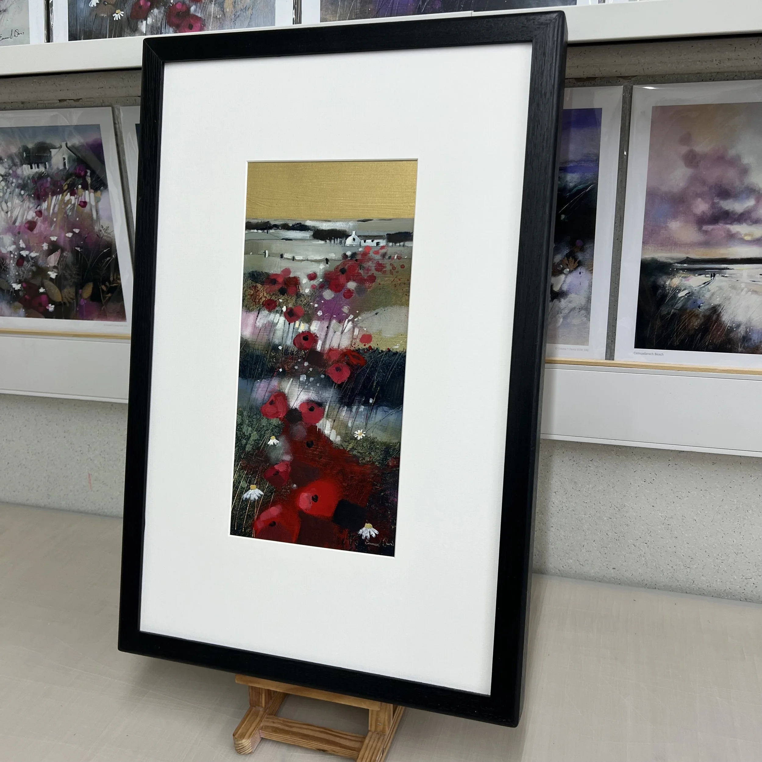 Framed original East Neuk landscape painting East Neuk Poppies and Gold by Emma S Davis. Alternate view.