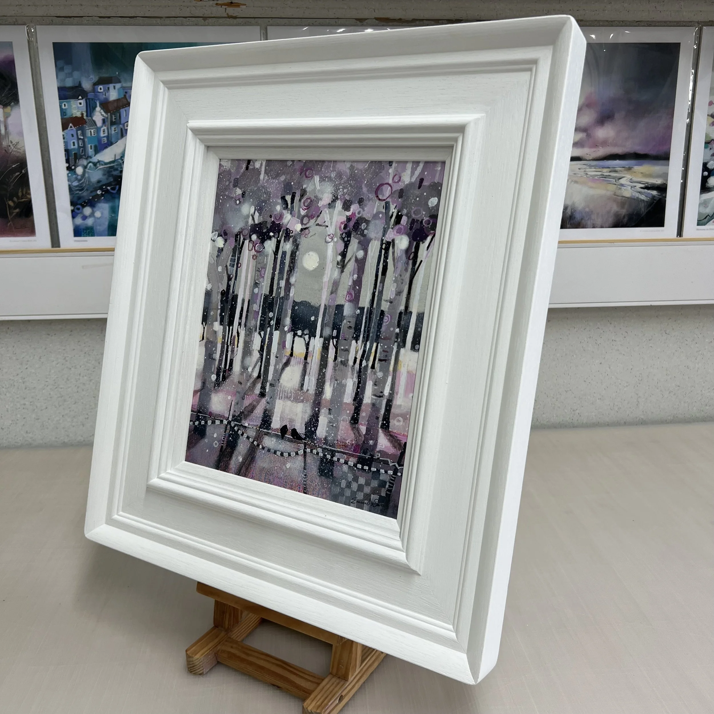 Framed woodland moonlight painting Forever Entwined by Emma S Davis. Alternate view.