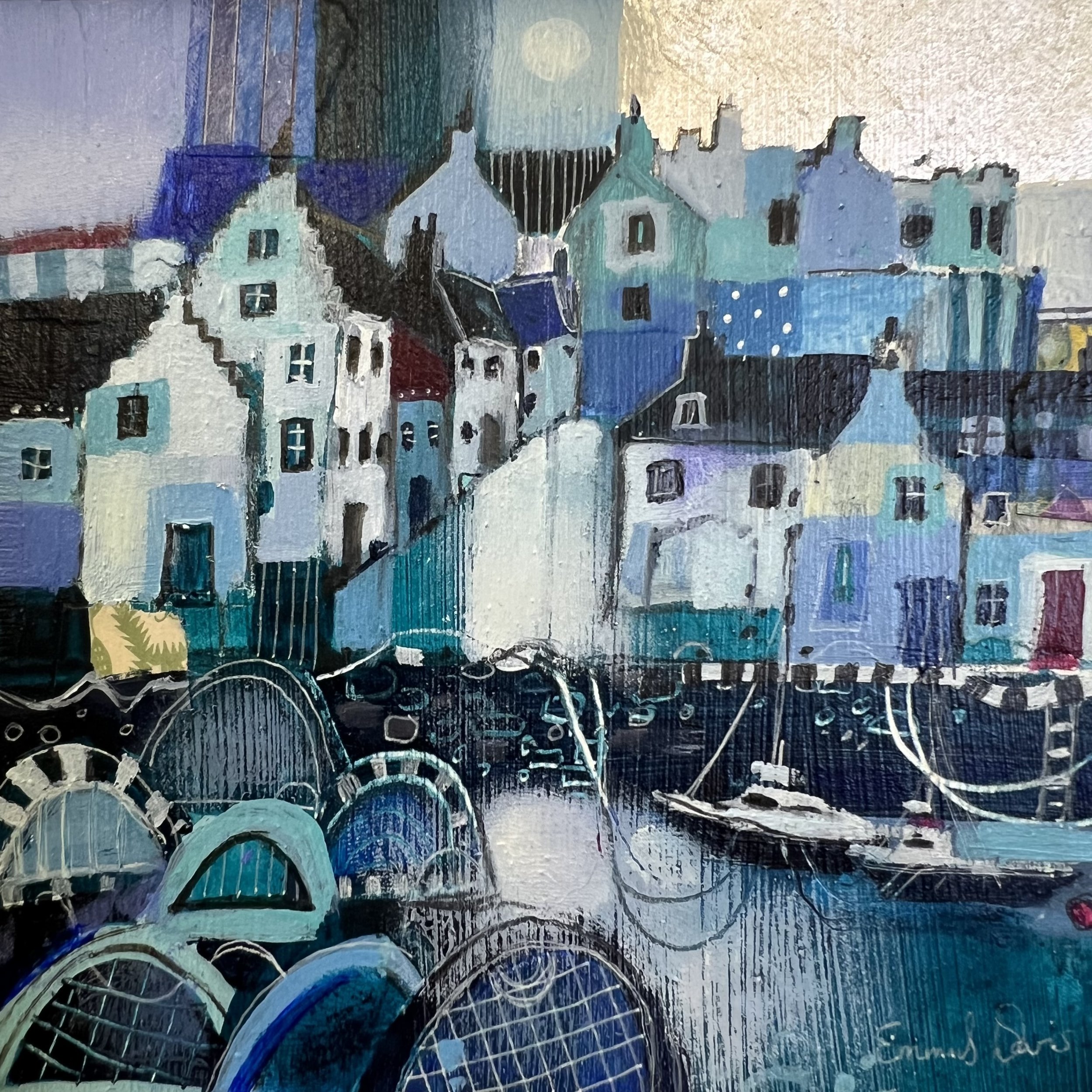 East Neuk of Fife's traditional fishing village harbour of Crail caught in time by Emma S Davis Artist's 'Moonlight Shimmers, Crail' original painting.