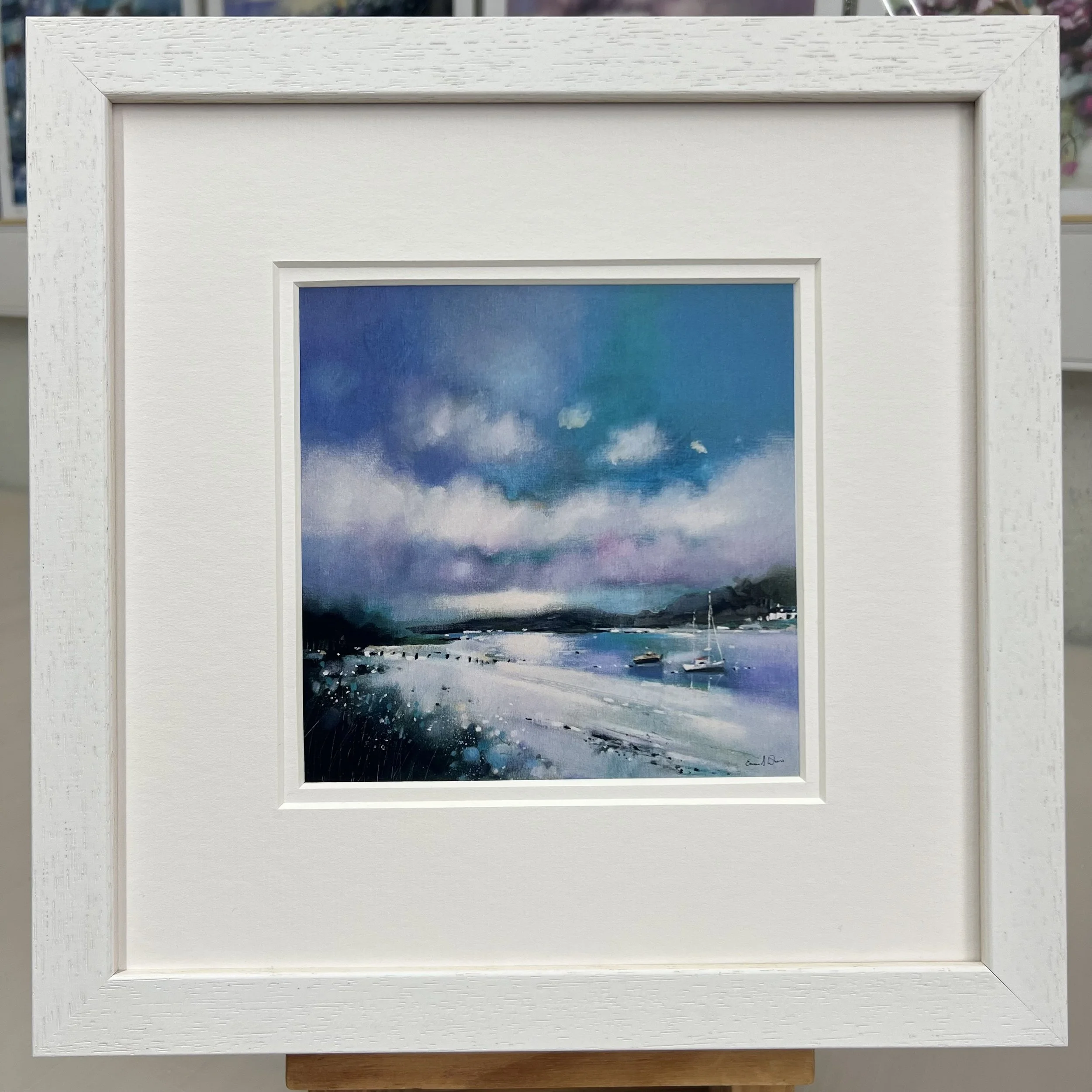 Framed Art Card Silver Sands of Morar, Arisaig, Highlands by Scottish Landscape Artist Emma S Davis. White Frame Double Mount