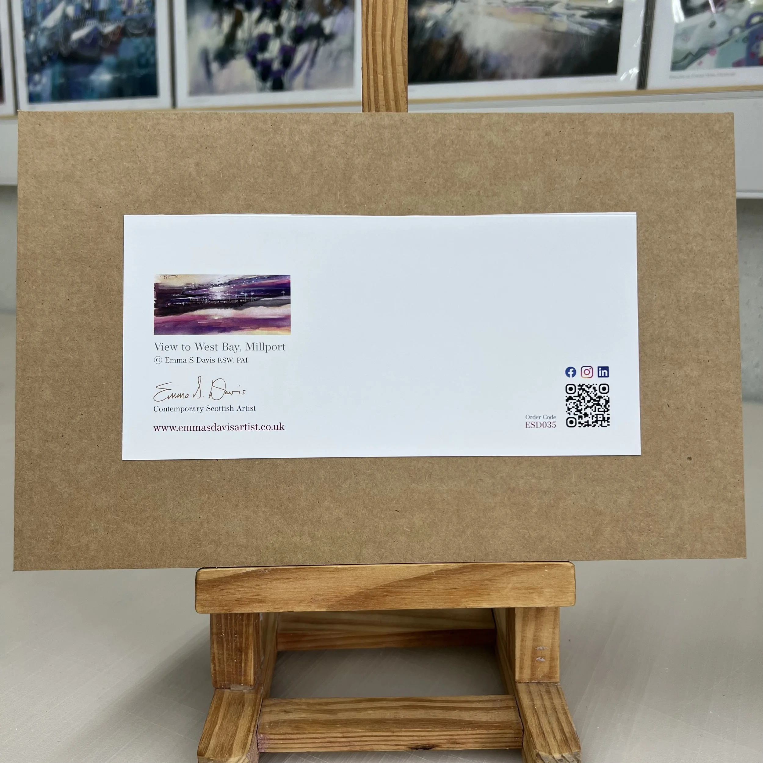 Greetings Card Millport Isle of Cumbrae Arran View by Scottish Landscape Artist Emma S Davis. Mounted option rear view.