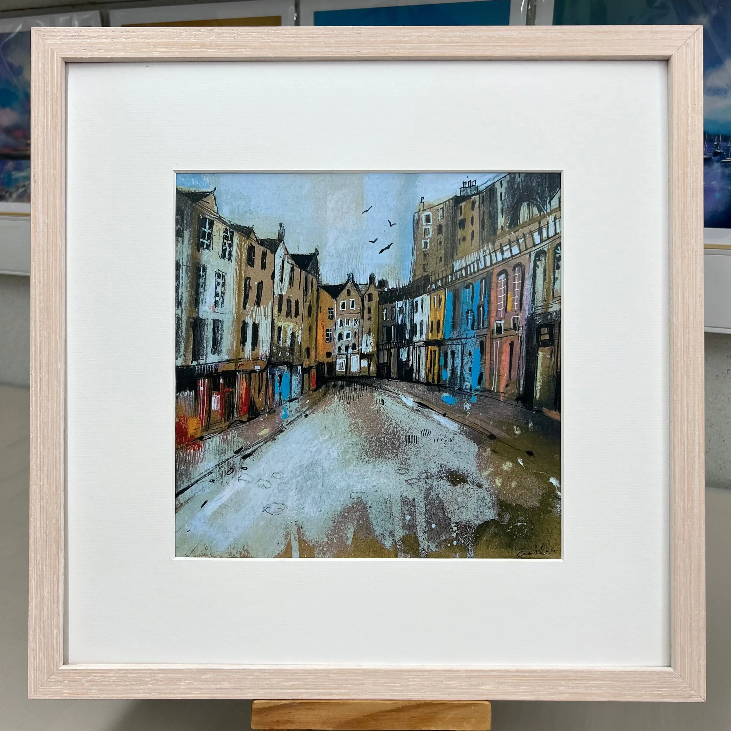 Victoria Street, Edinburgh - inspiration for Harry Potter's Diagon Alley in Emma S Davis Artist's open edition art print framed limewash.