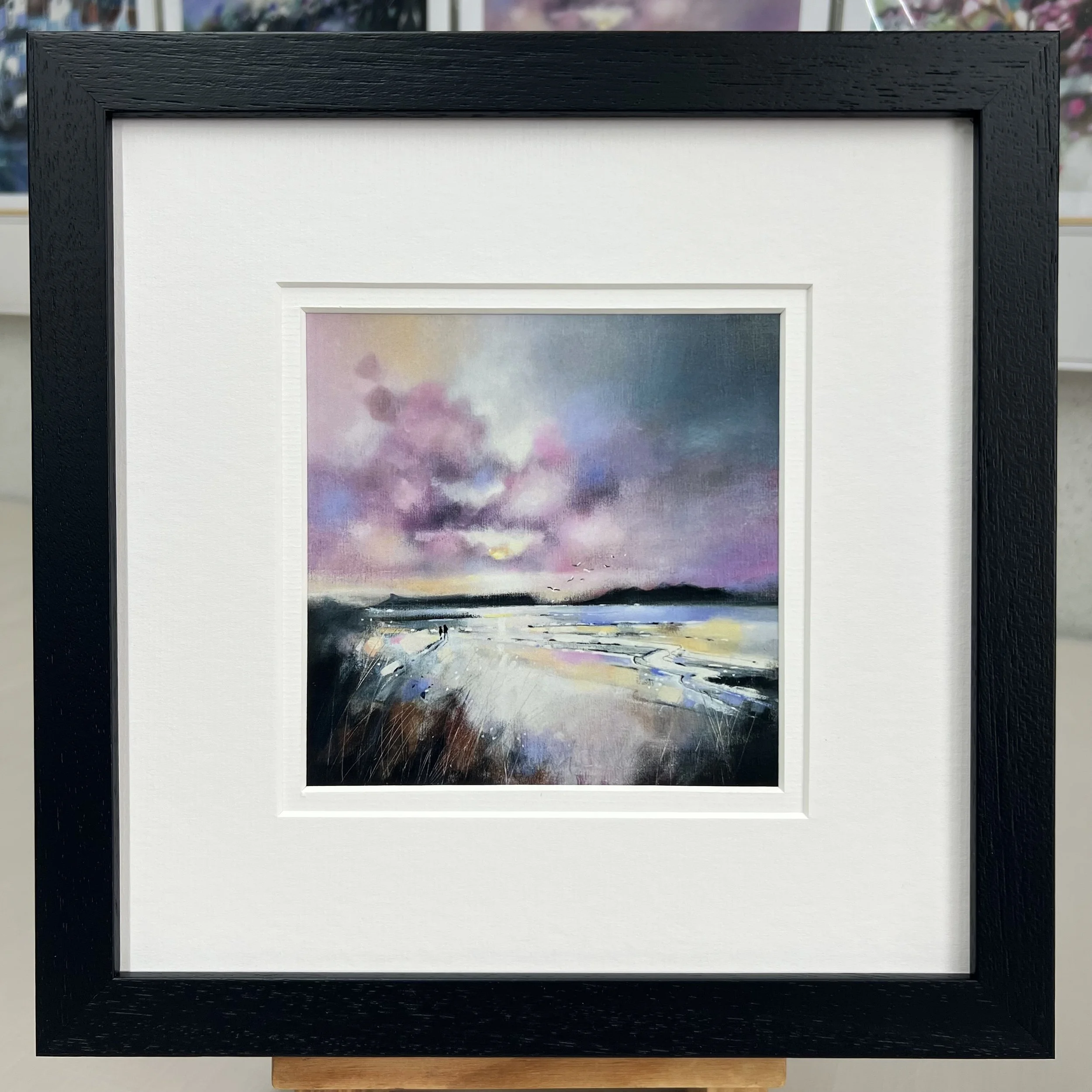 Framed Art Card Camusdarach Beach, Arisaig, Highlands by Scottish Landscape Artist Emma S Davis. Black Frame Double Mount