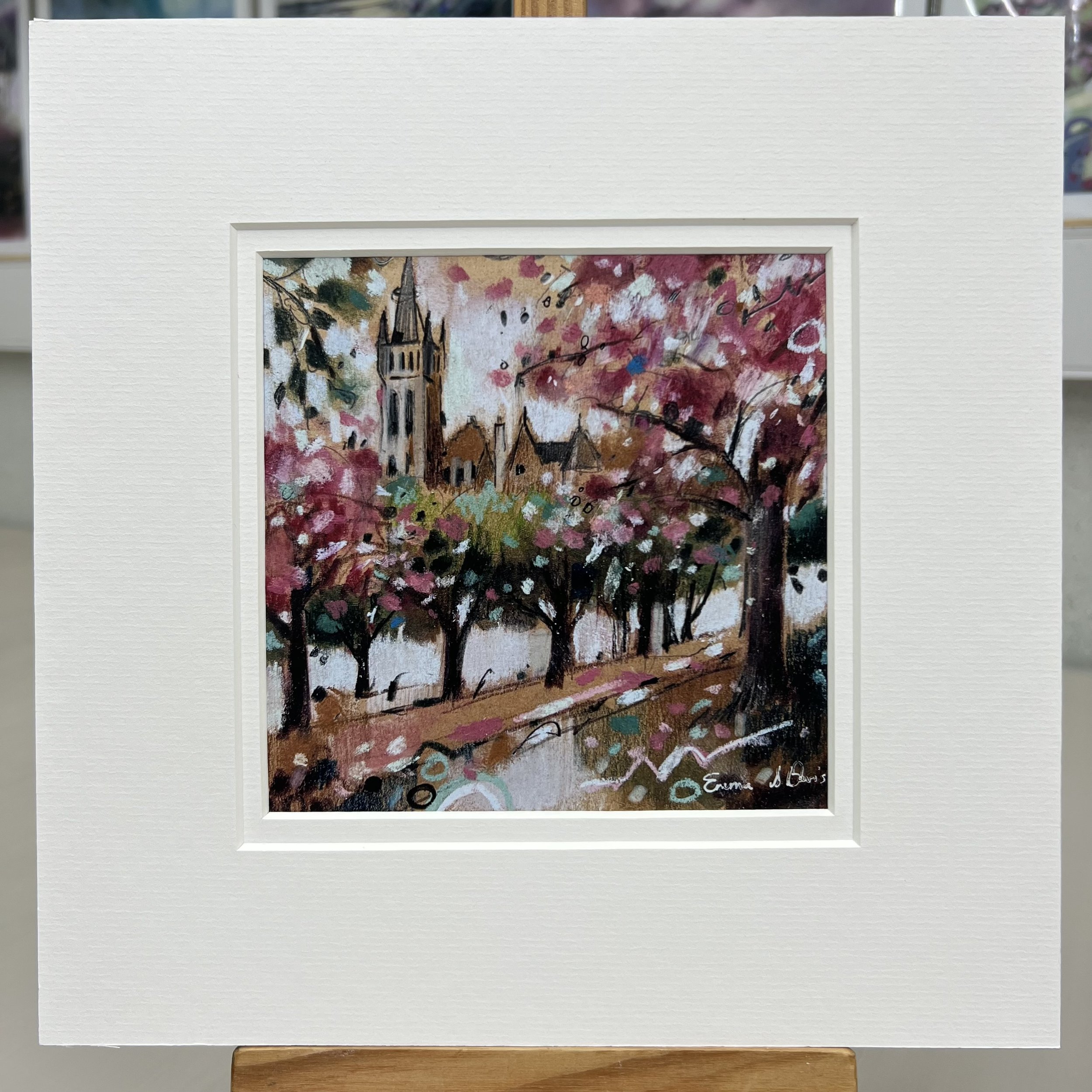 Greetings Card Glasgow University in Spring by Scottish Landscape Artist Emma S Davis. Mounted option.