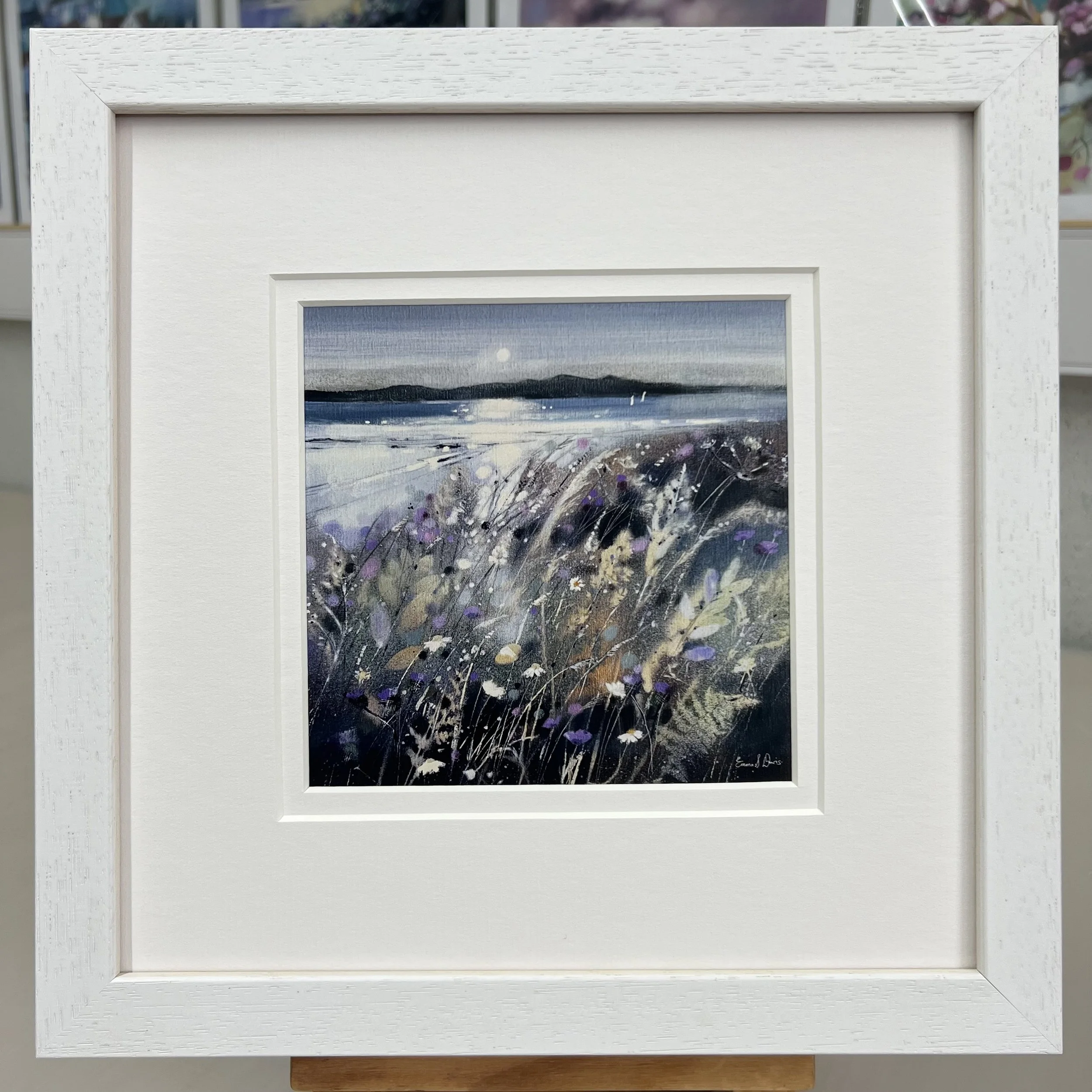 Framed Art Card Isle of Arran View by Scottish Landscape Artist Emma S Davis. White Frame Double Mount