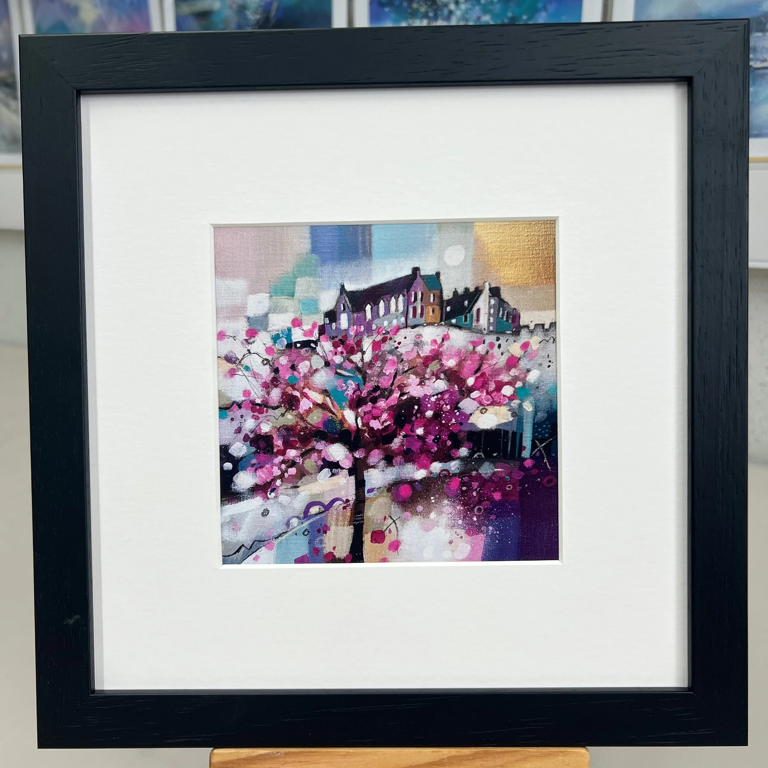 Blossoms on Princes Street, Edinburgh - Framed Greetings Card by Emma S Davis Artist - black frame