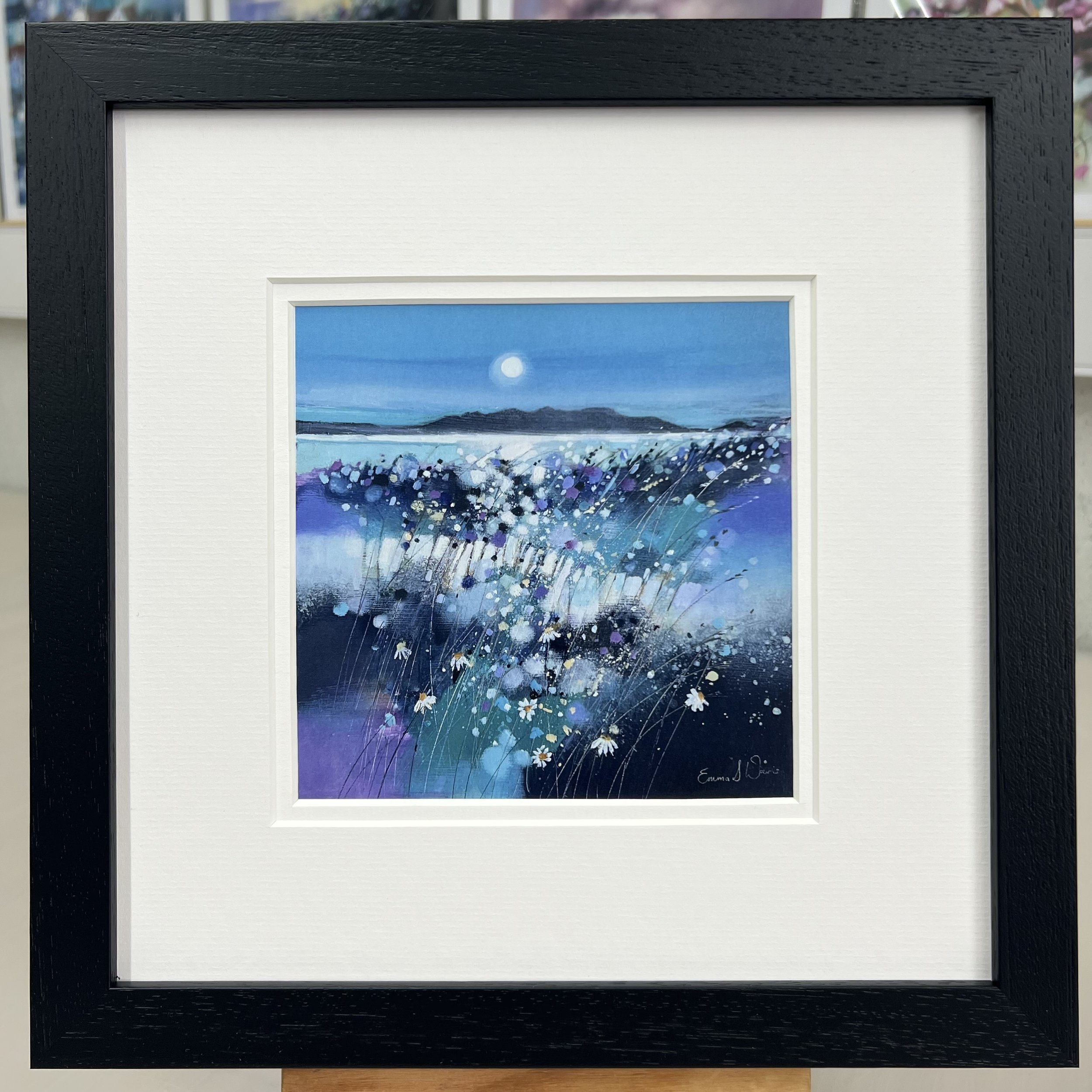 Framed Art Card Isle of Arran Moonlit View by Scottish Landscape Artist Emma S Davis. Black Frame Double Mount