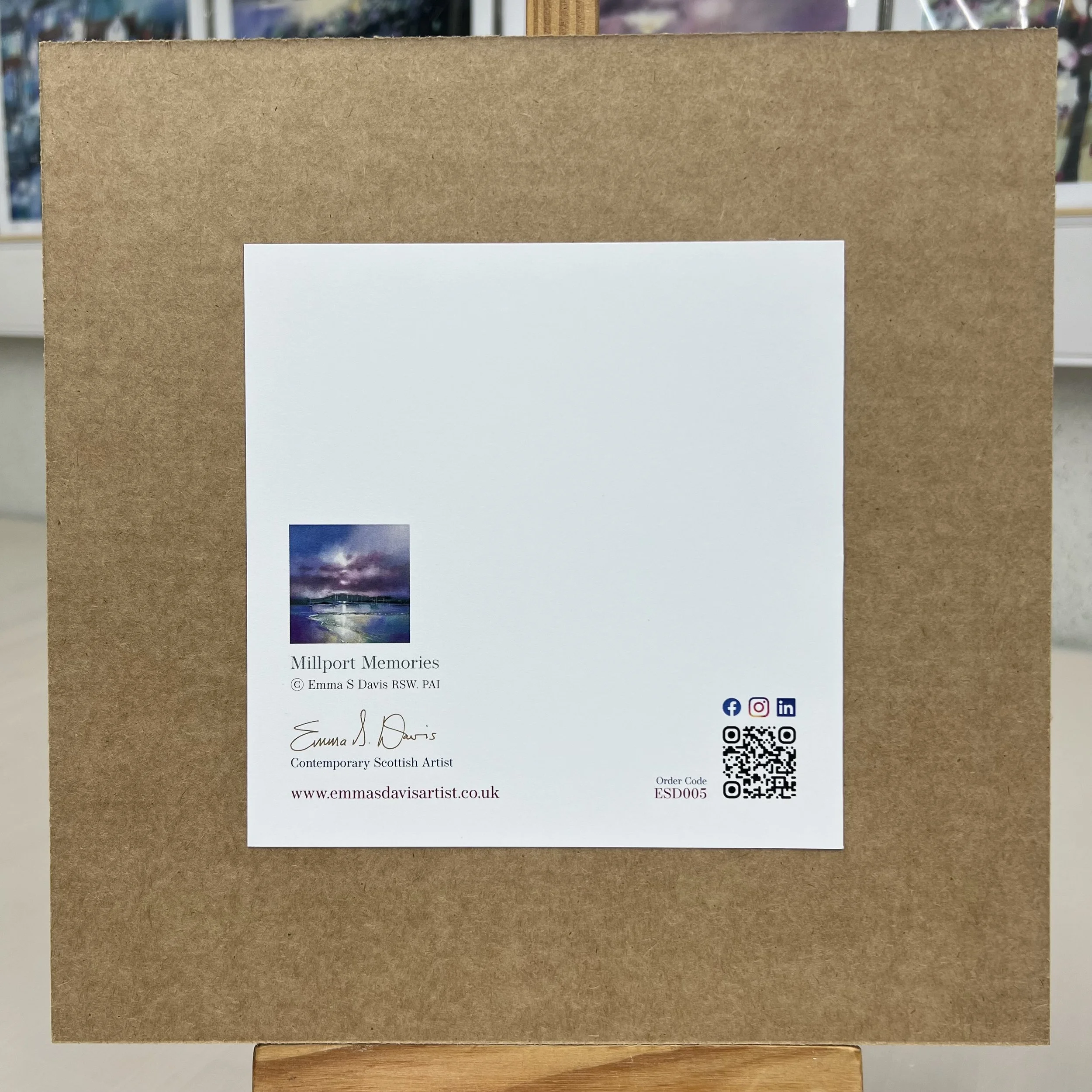 Greetings Card Millport, Isle of Cumbrae by Scottish Landscape Artist Emma S Davis. Mounted option rear view.