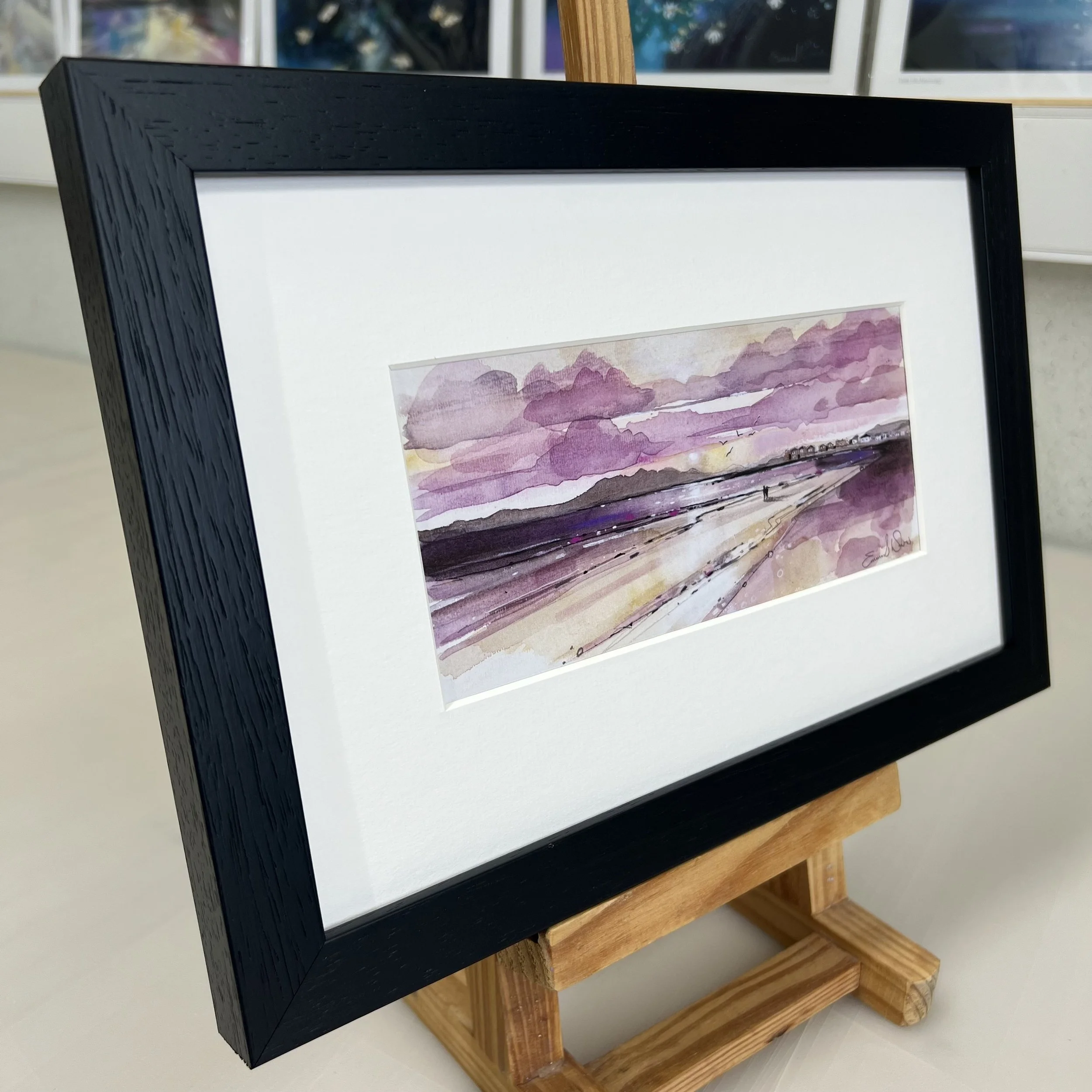 Troon Beach Sunset - Framed Greetings Card by Emma S Davis Artist - black frame - side view