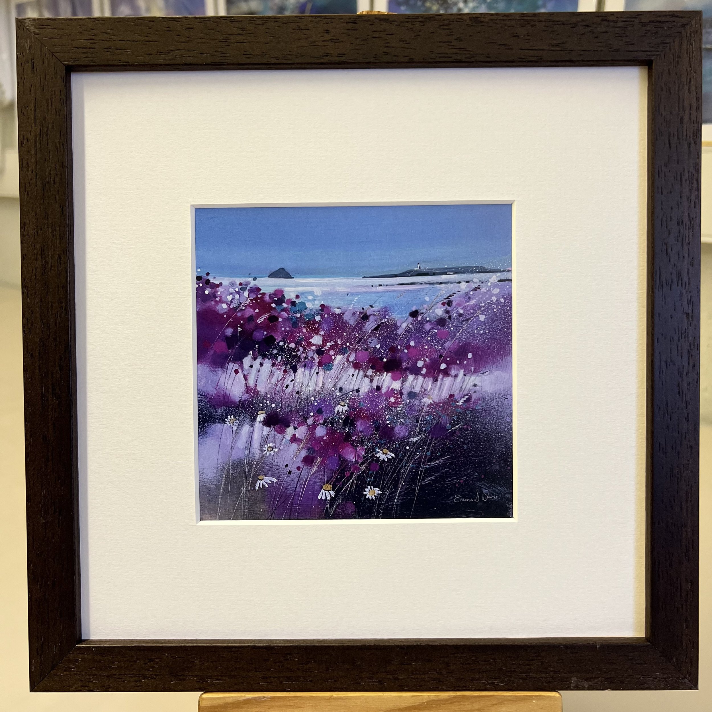 'Wildflowers, Kildonan, Arran' framed art card by Emma S Davis Scottish landscape artist framed in dark brown