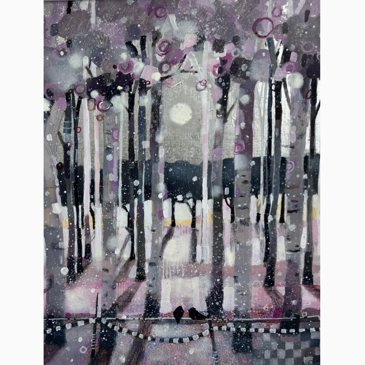 Original woodland painting titled Forever Entwined featuring two birds on a fence beneath a glowing moon
