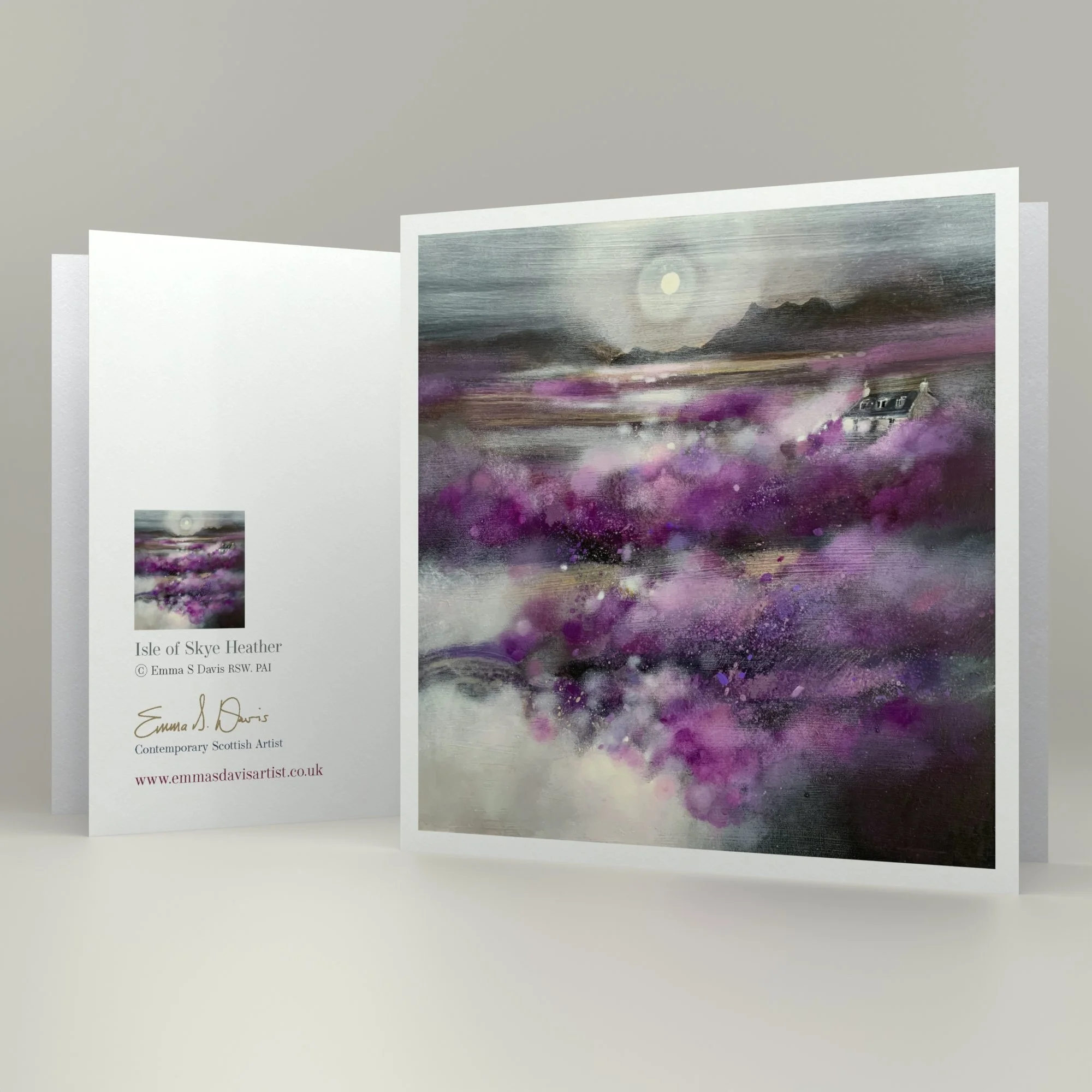 Isle of Skye Heather framed card ready to hang on your wall by Emma S Davis Scottish Landscape Artist