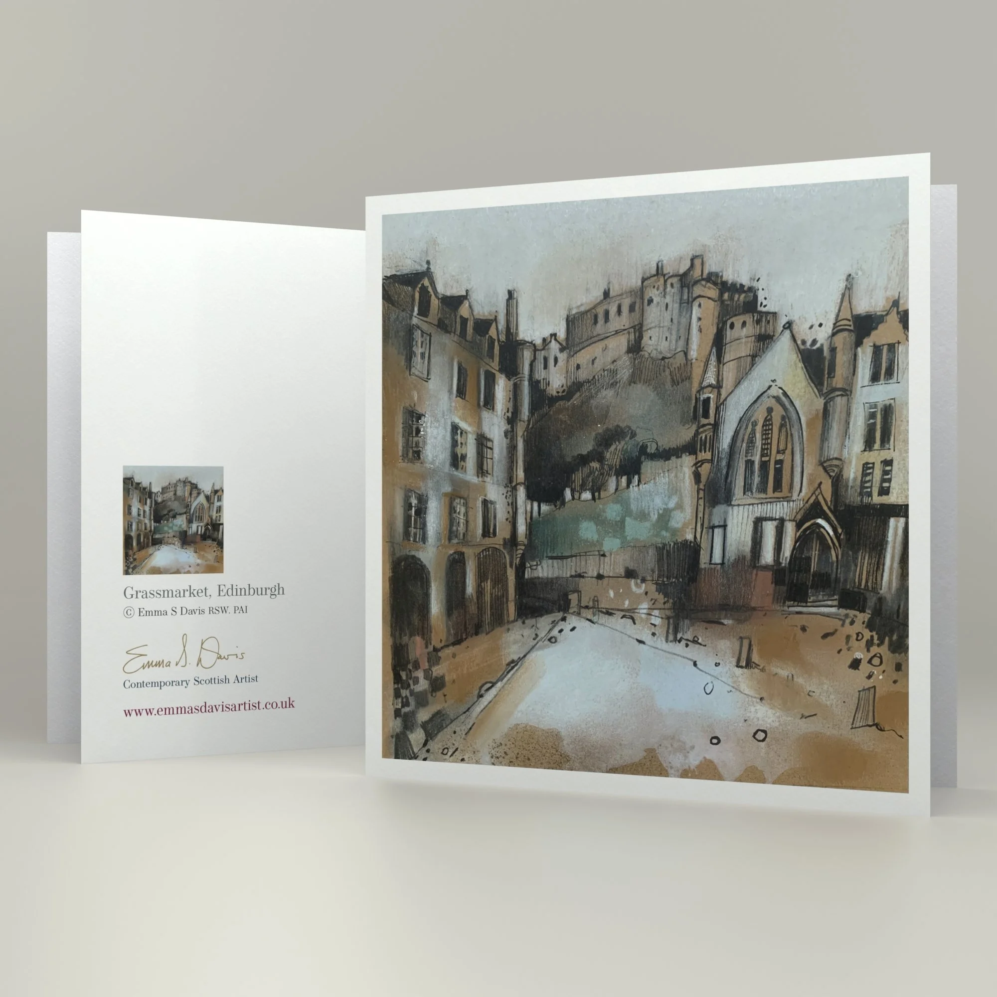 Explore the historic Grassmarket area of Edinburgh with this stunning art greetings card by Emma S Davis Artist.