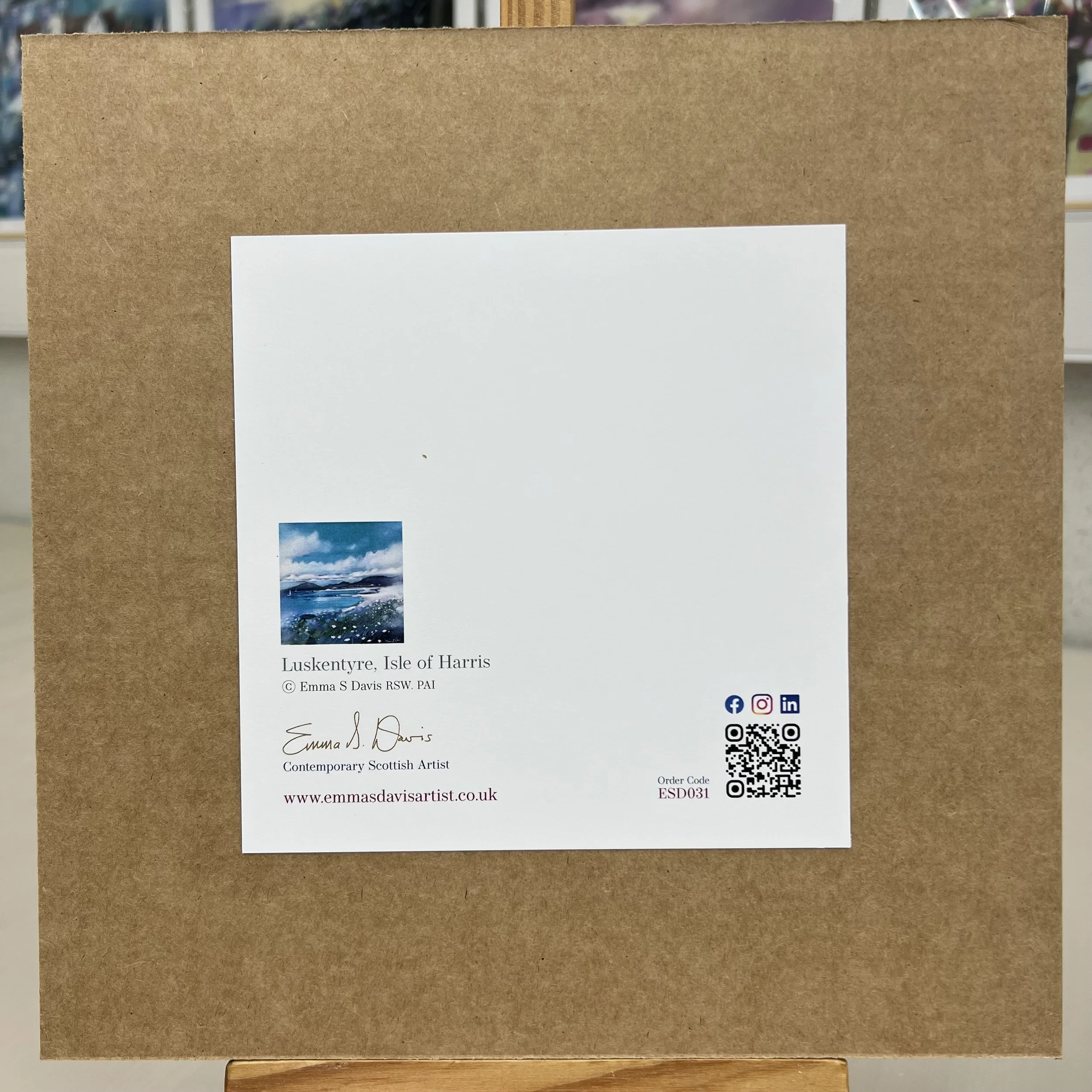 Greetings Card Luskentyre Isle of Harris Outer Hebrides by Scottish Landscape Artist Emma S Davis. Mounted option rear view.