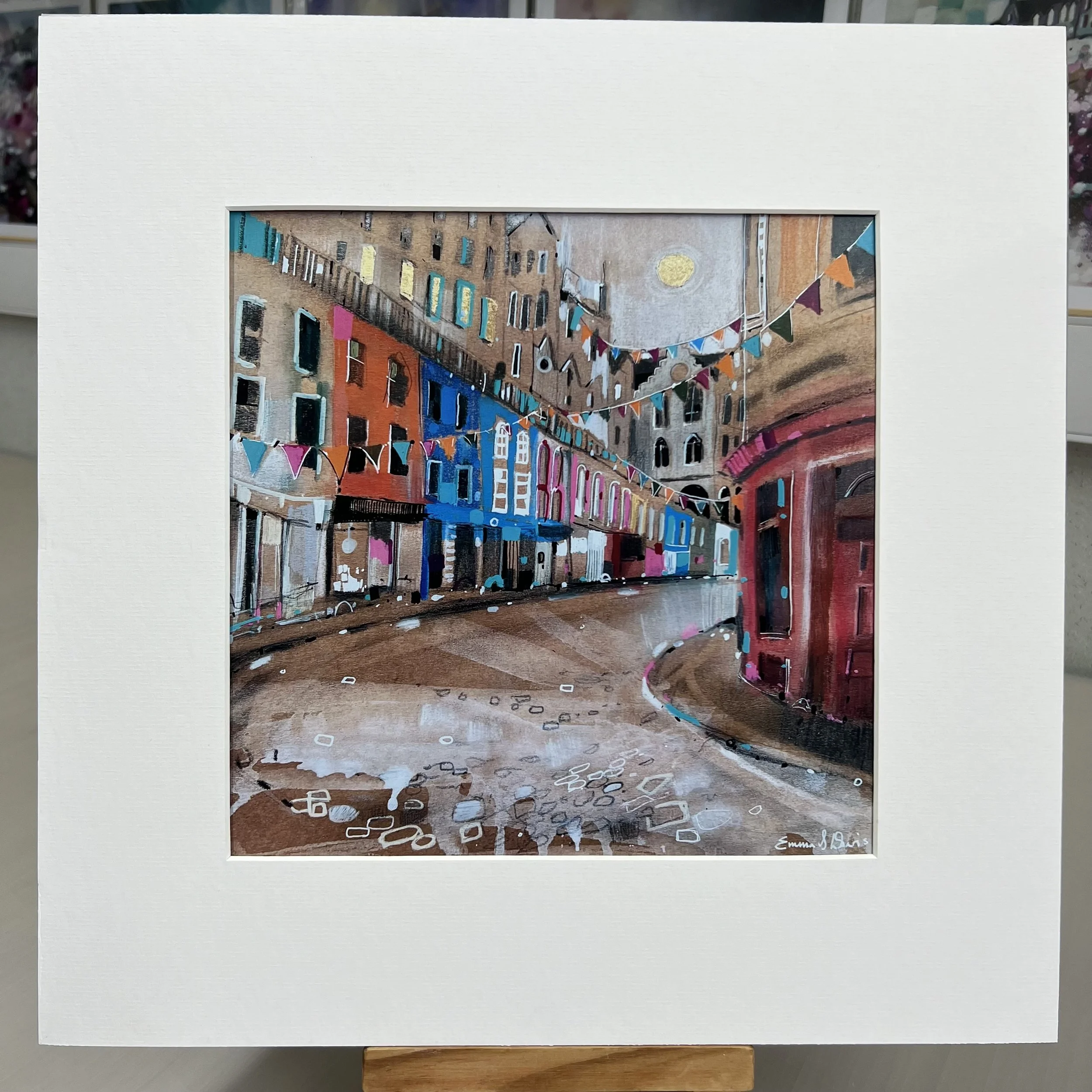 Bunting Victoria Street Edinburgh art print featuring the famous curved cobbled street in Edinburgh, Scotland. Mounted option.