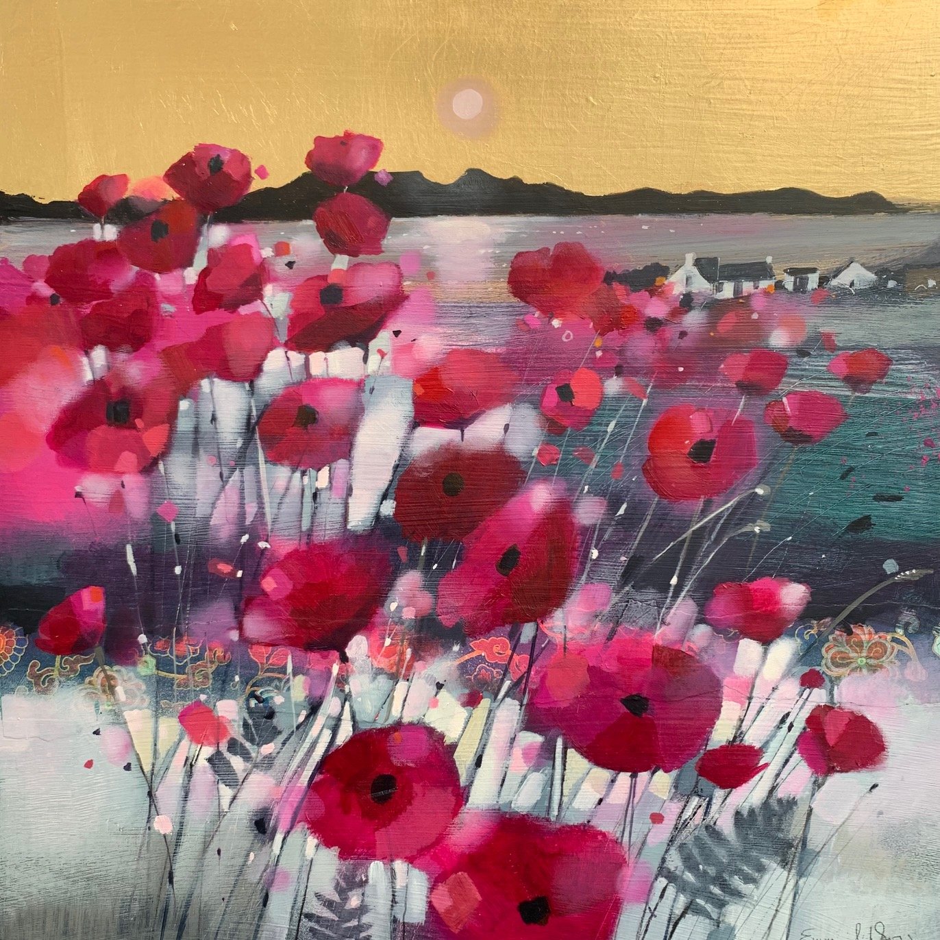 Original oil painting with gold leaf of vibrant poppy fields overlooking the Isle of Arran across the Firth of Clyde by Scottish artist Emma S Davis. Detailed view.