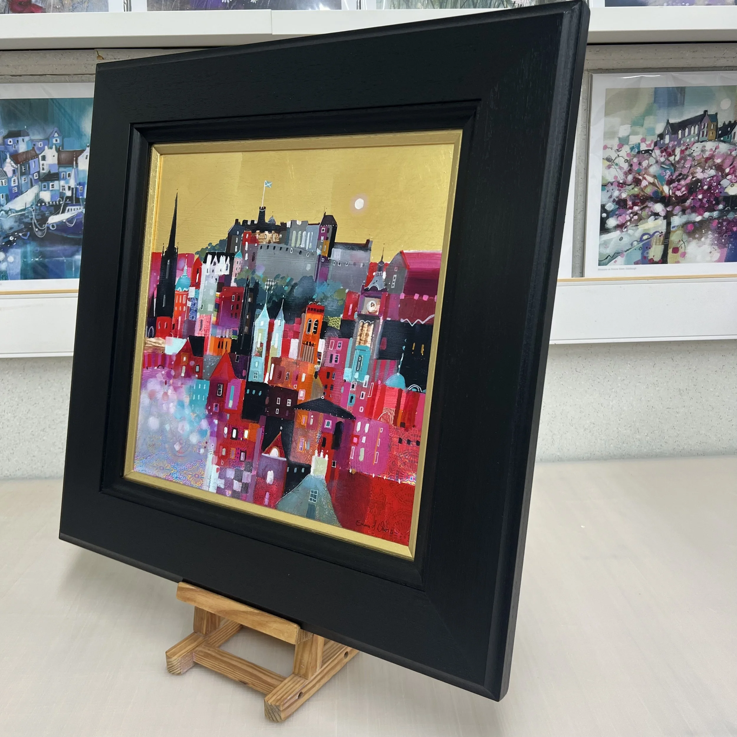 Original oil painting with gold leaf of Edinburgh Castle and the colourful Edinburgh skyline by Scottish artist Emma S Davis. Alternate view.