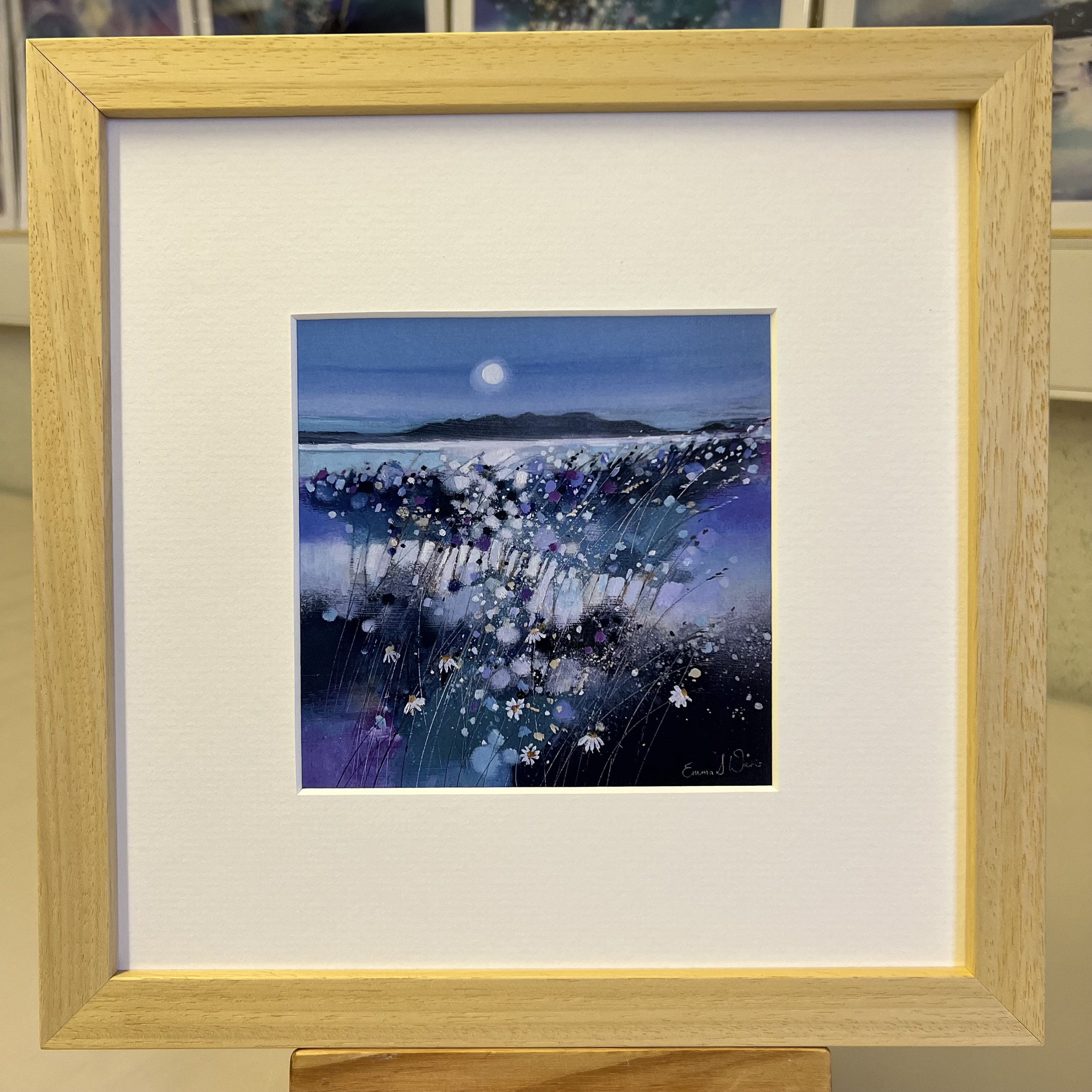 'Moonlight & Arran' framed art card by Emma S Davis Scottish landscape artist framed in natural wood