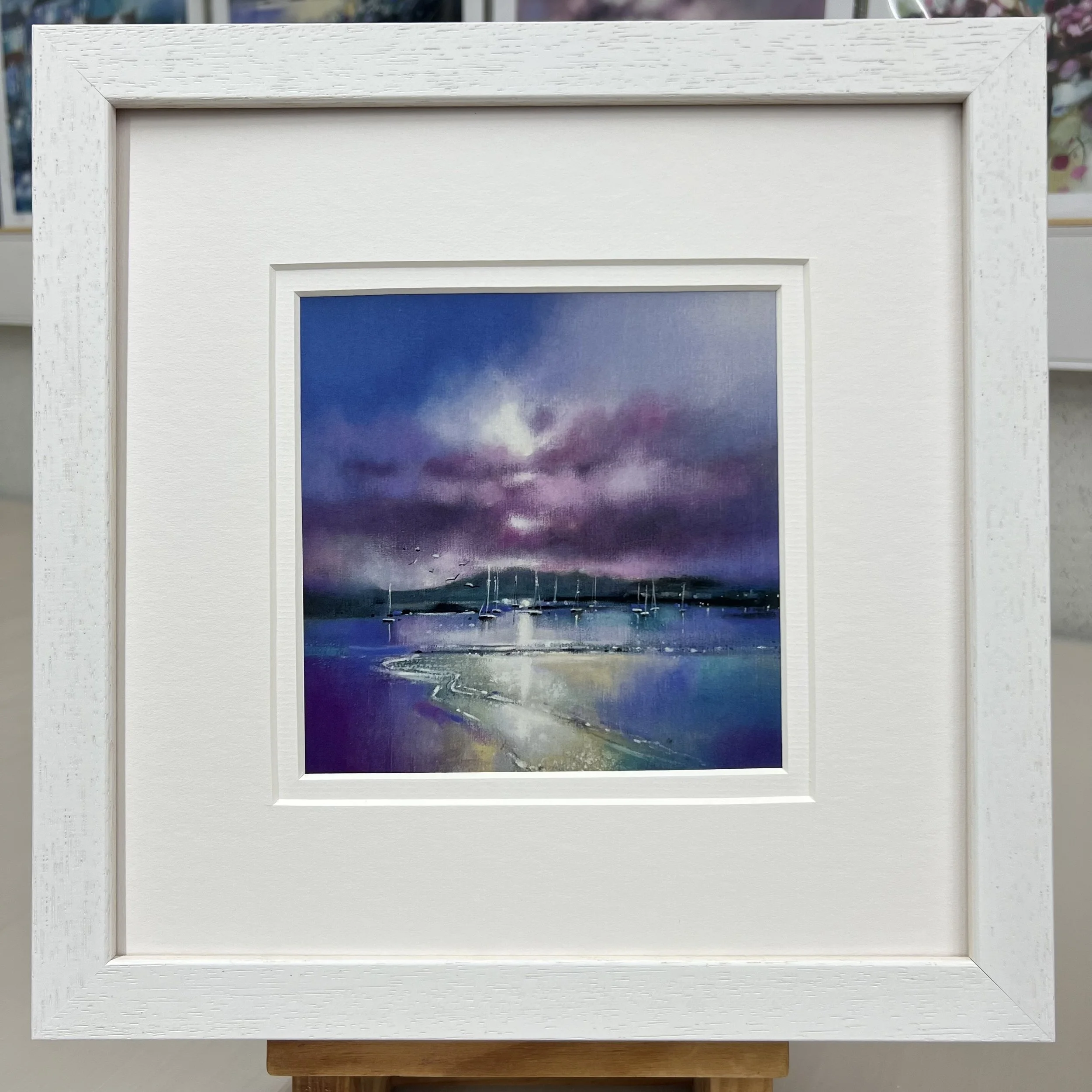 Framed Art Card Millport, Isle of Cumbrae, Arran View by Scottish Landscape Artist Emma S Davis. White Frame Double Mount
