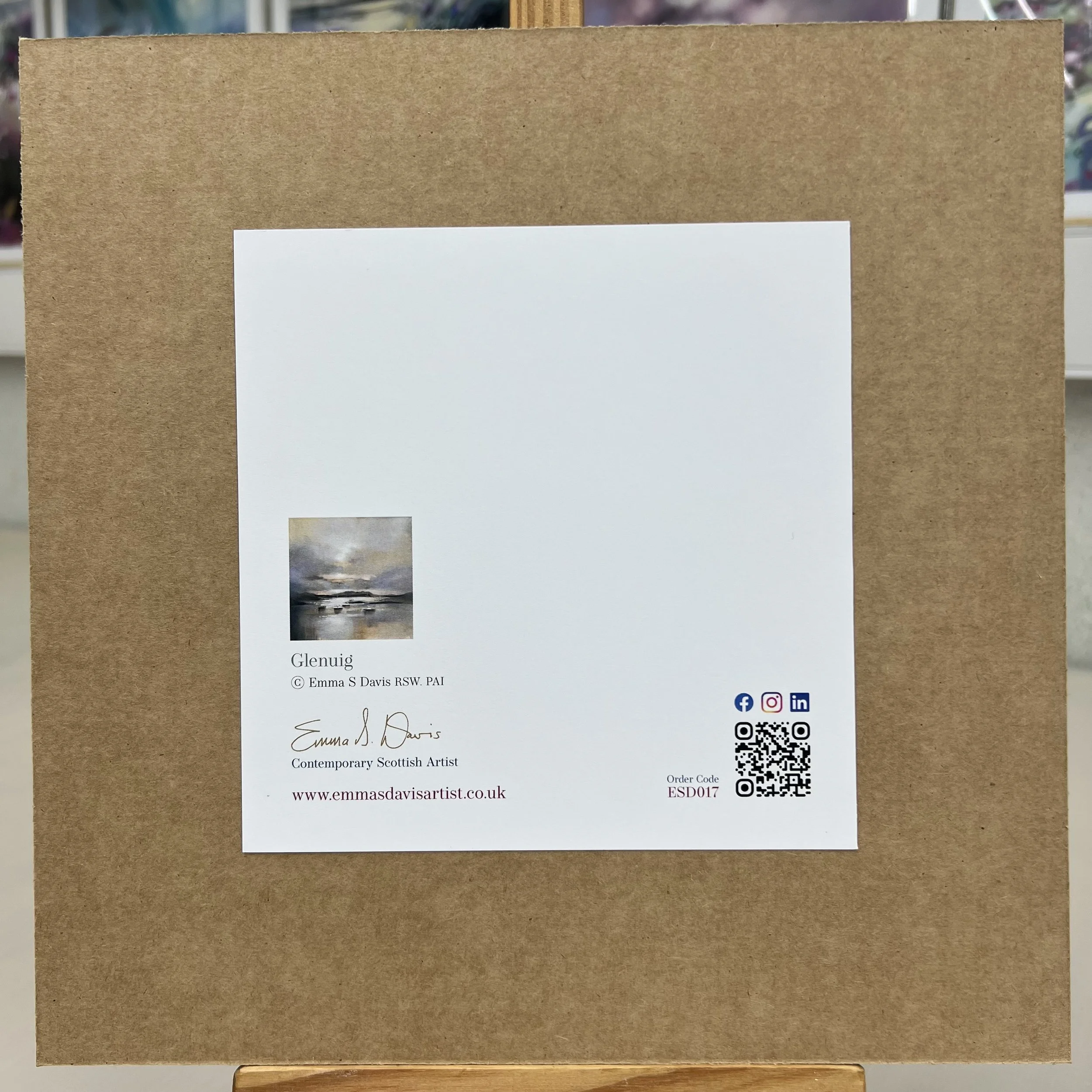 Greetings Card Glenuig, Arisaig, Highlands by Scottish Landscape Artist Emma S Davis. Mounted option rear view.