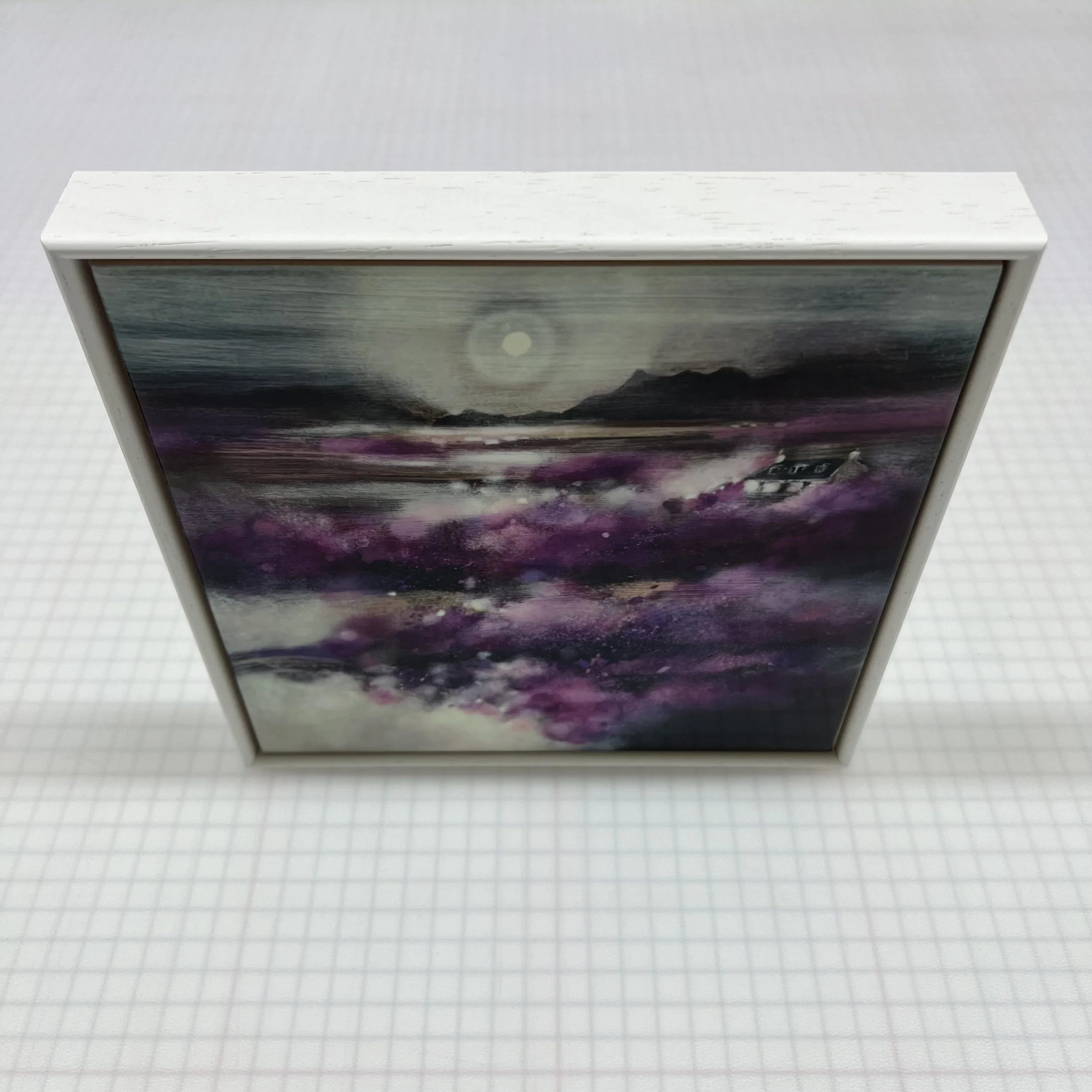 Isle of Skye Heather Scottish landscape framed ceramic tile featuring purple heather inspired by the Isle of Skye by Emma S Davis Artist. Top view.