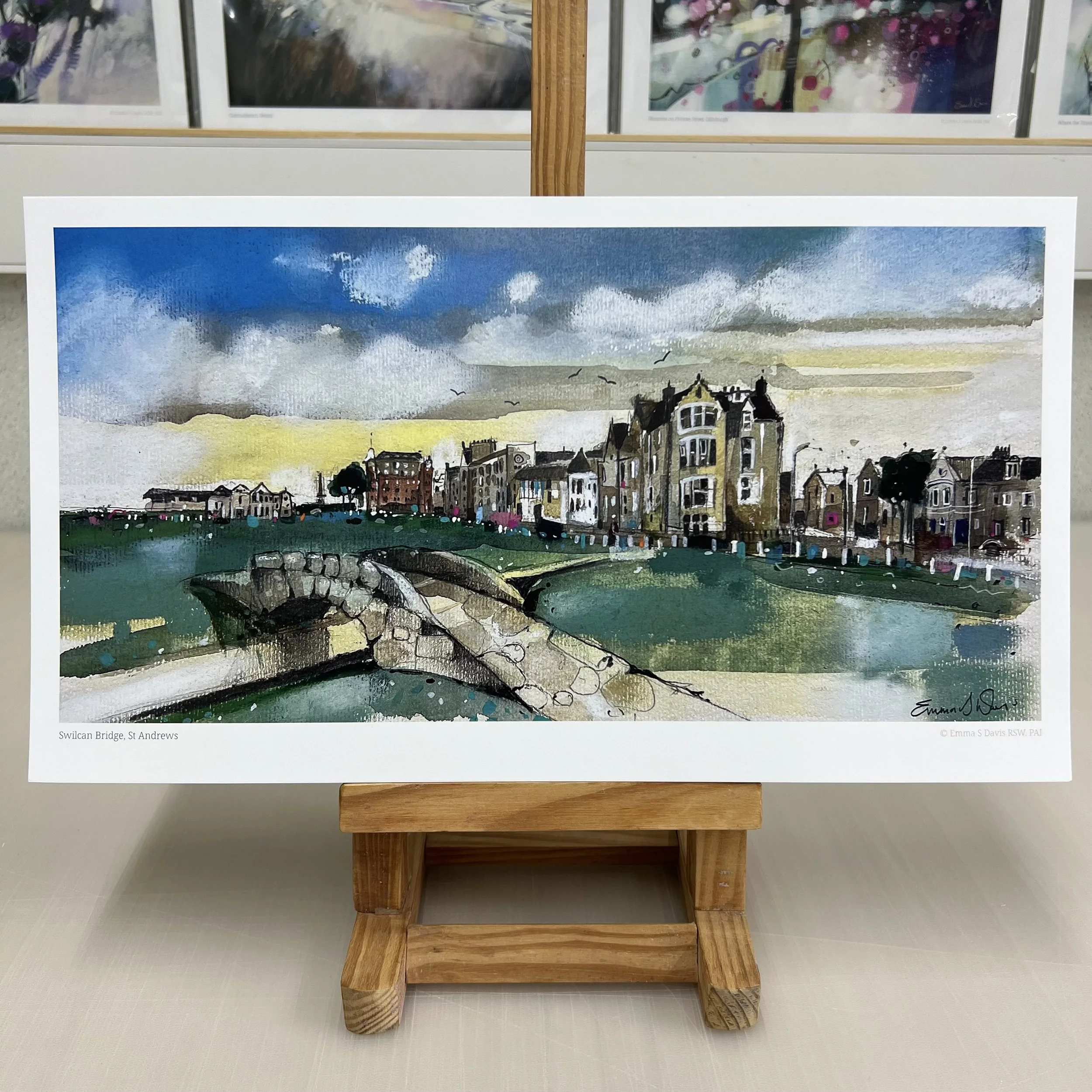 Swilcan Bridge Old Course St Andrews art print with 18th green and R&A clubhouse by Emma S Davis Artist. Unmounted.