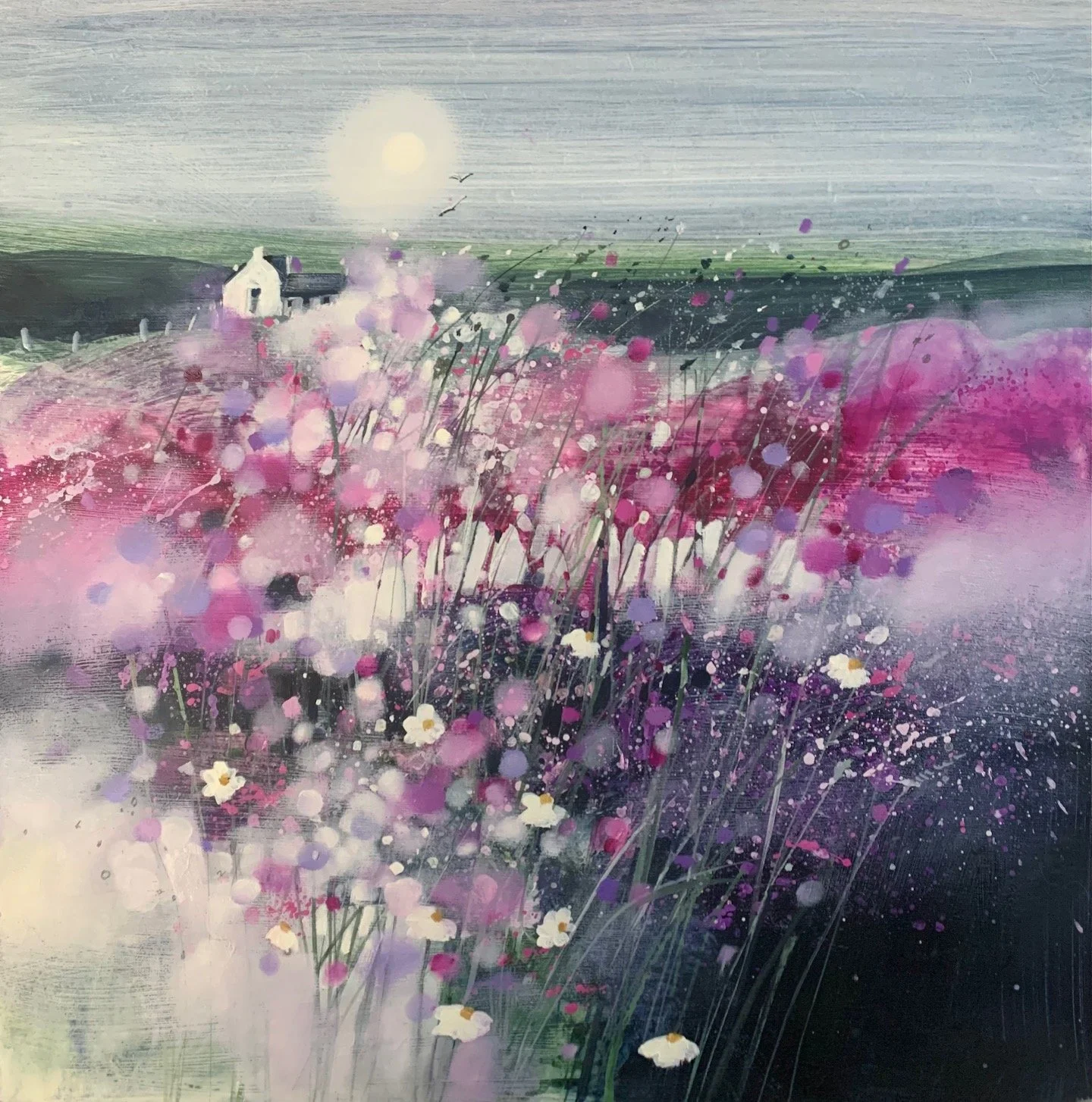Dancing in the Moonlight by Emma S Davis – original Scottish landscape oil painting featuring a white cottage beneath a glowing moon surrounded by pink and purple wildflowers. Detailed view.