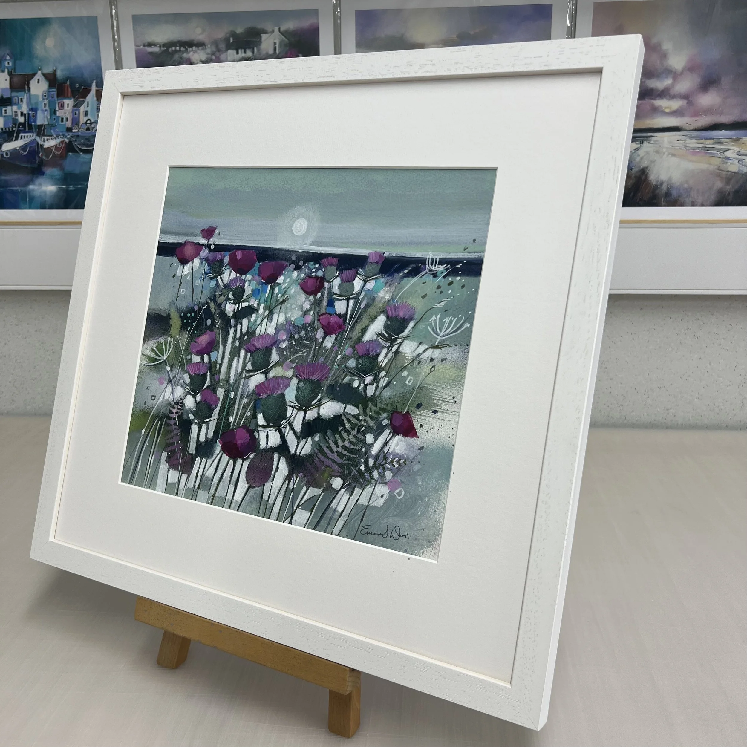 Original Thistle Painting 'Home Is Where the Thistle Grows' Emma S Davis Artist. Side view of frame.