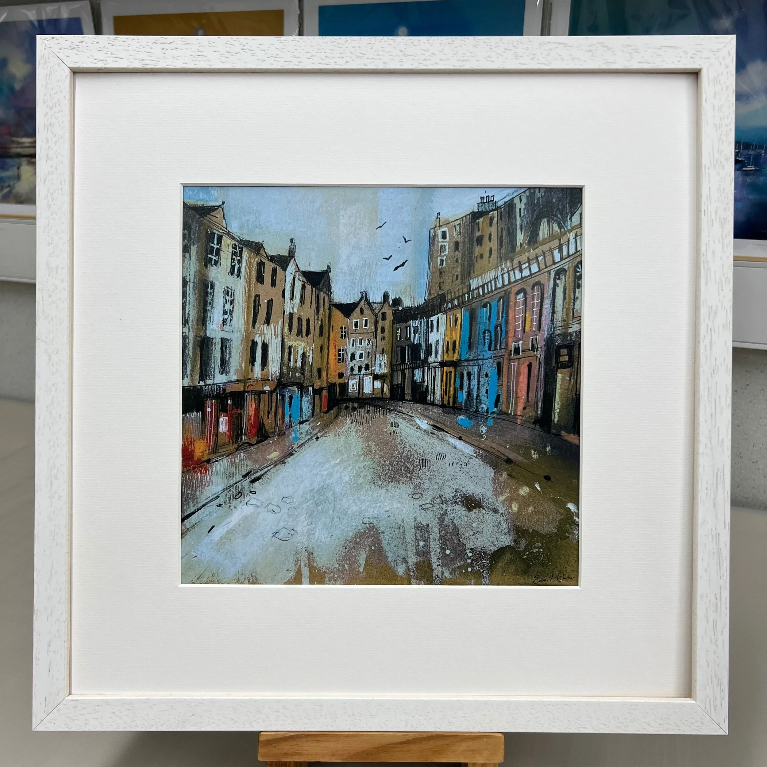 Victoria Street, Edinburgh - inspiration for Harry Potter's Diagon Alley in Emma S Davis Artist's open edition art print framed white.