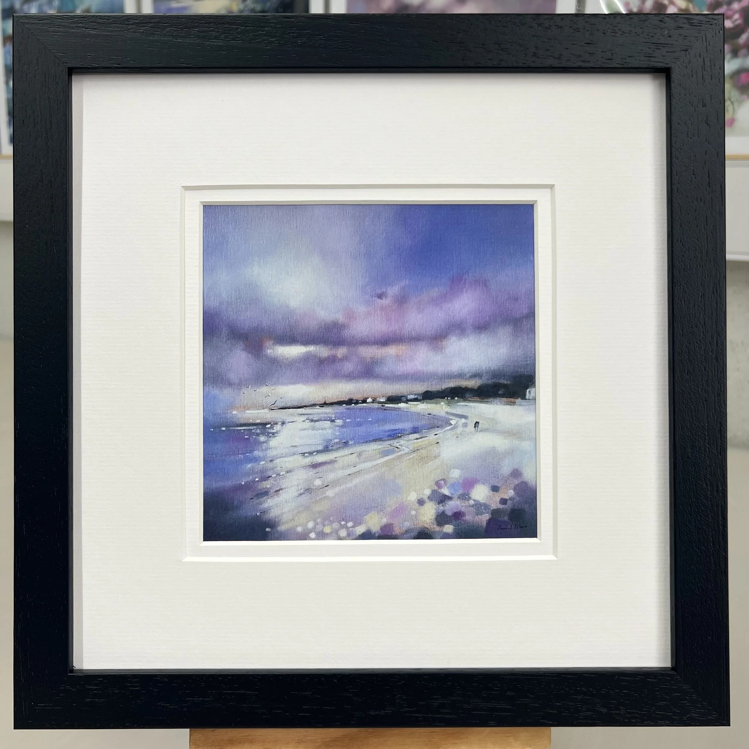 Framed Art Card Elie Beach East Neuk of Fife by Scottish Landscape Artist Emma S Davis. Black Frame Double Mount