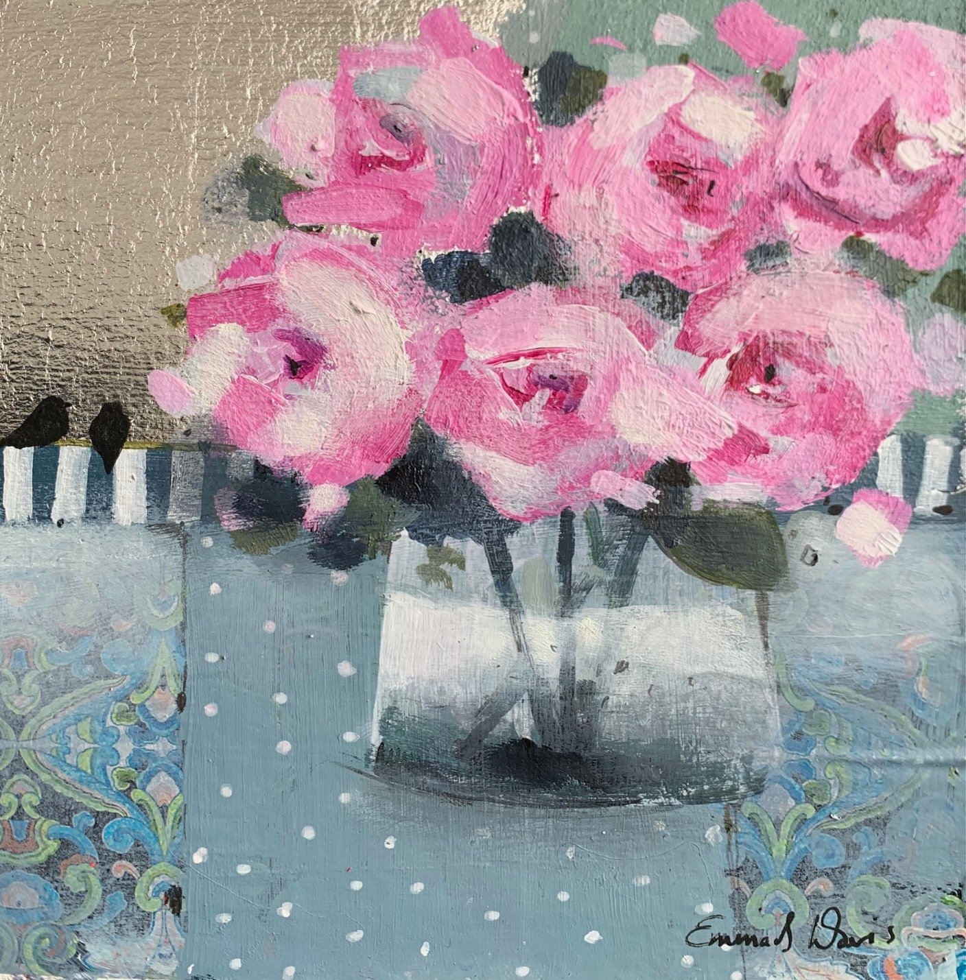 Original painting of six pale pink roses titled Sent with Love by Emma S Davis