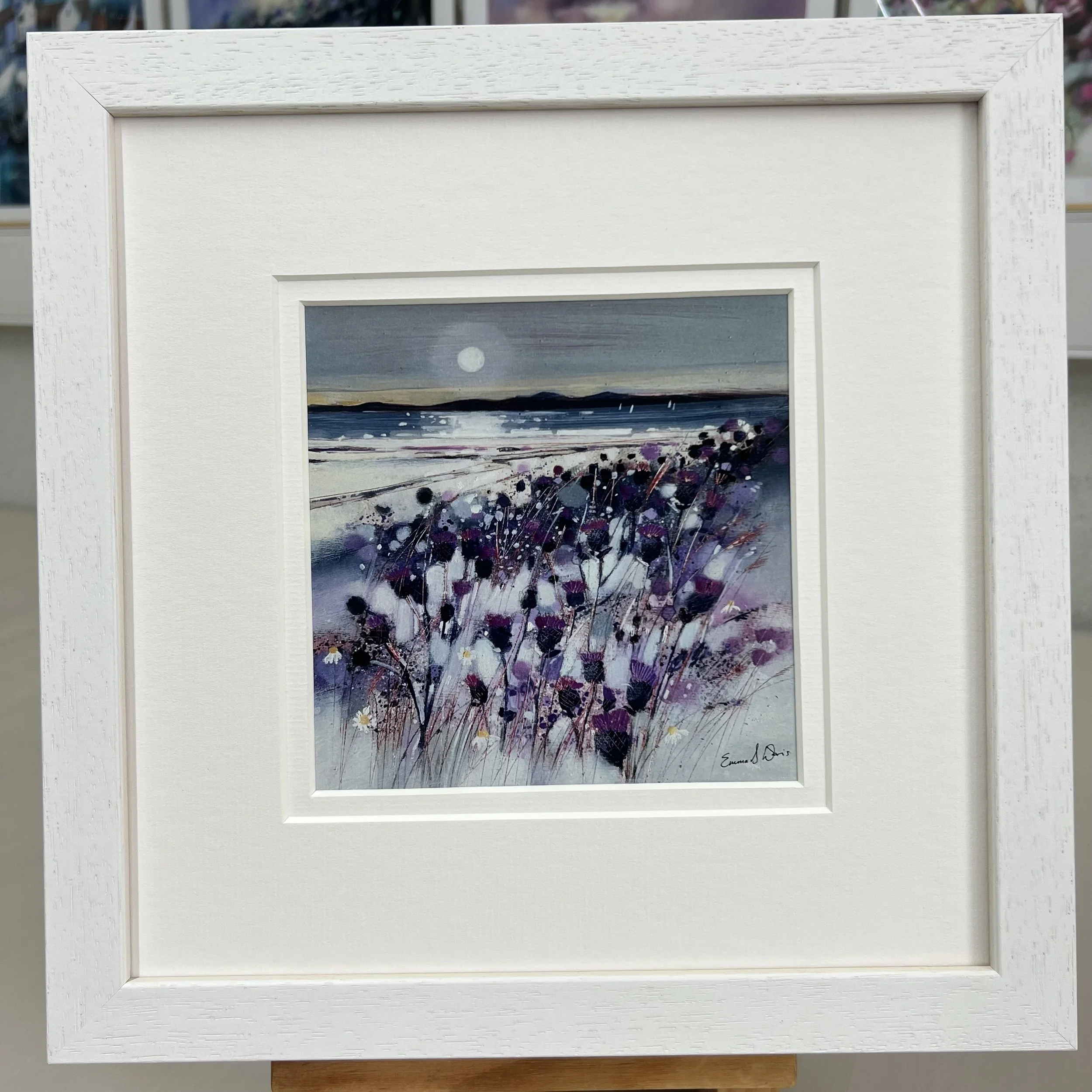 Framed Art Card Isle of Arran & Thistles by Scottish Landscape Artist Emma S Davis. White Frame Double Mount