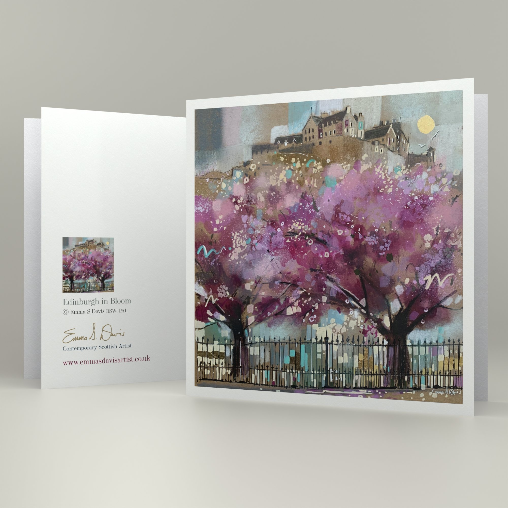 Edinburgh in Bloom framed art card featuring Edinburgh Castle above blossom trees in Princes Street Gardens, Scotland. Detail.