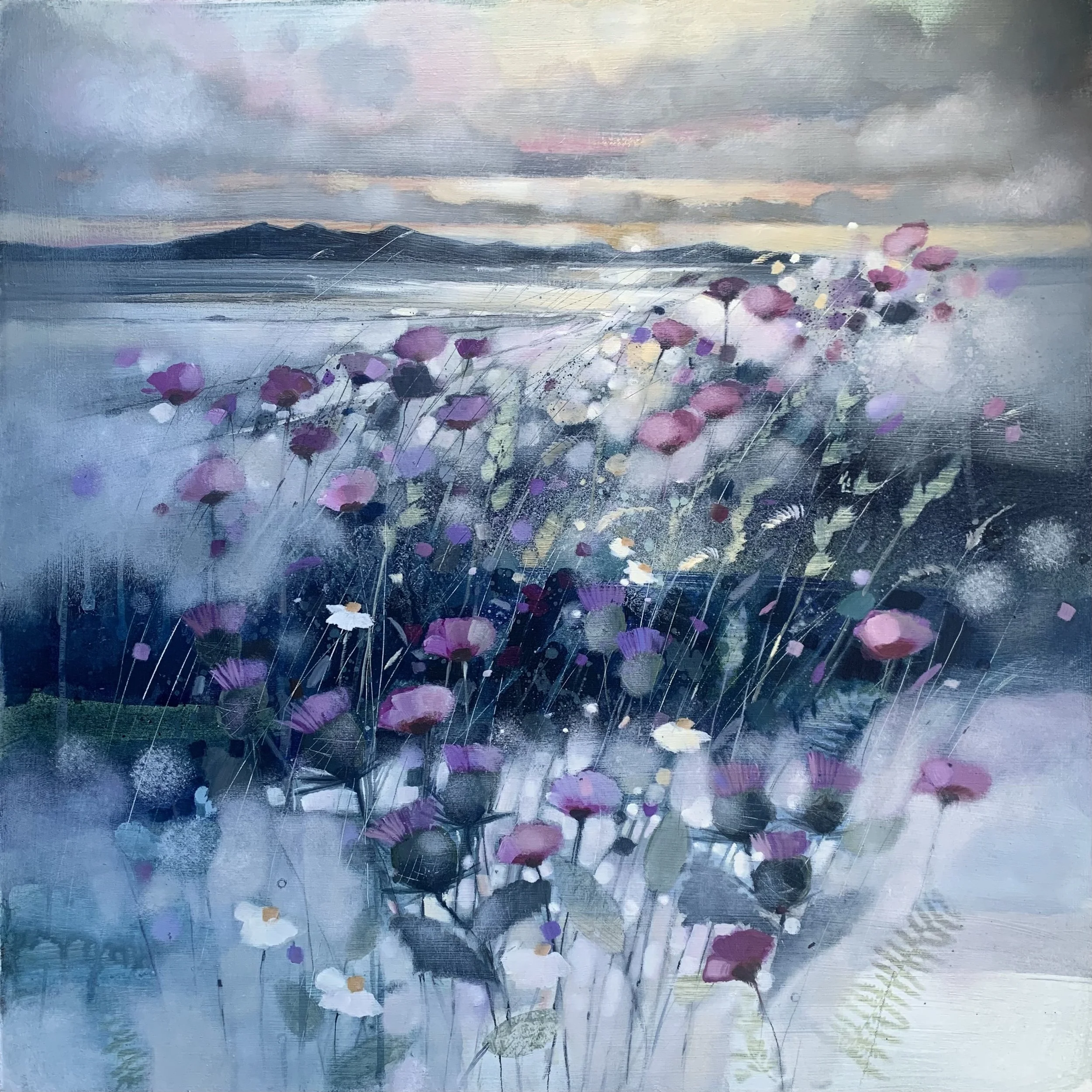 Original oil painting of the Isle of Arran at sunset with purple Scottish thistles in the foreground by Emma S Davis