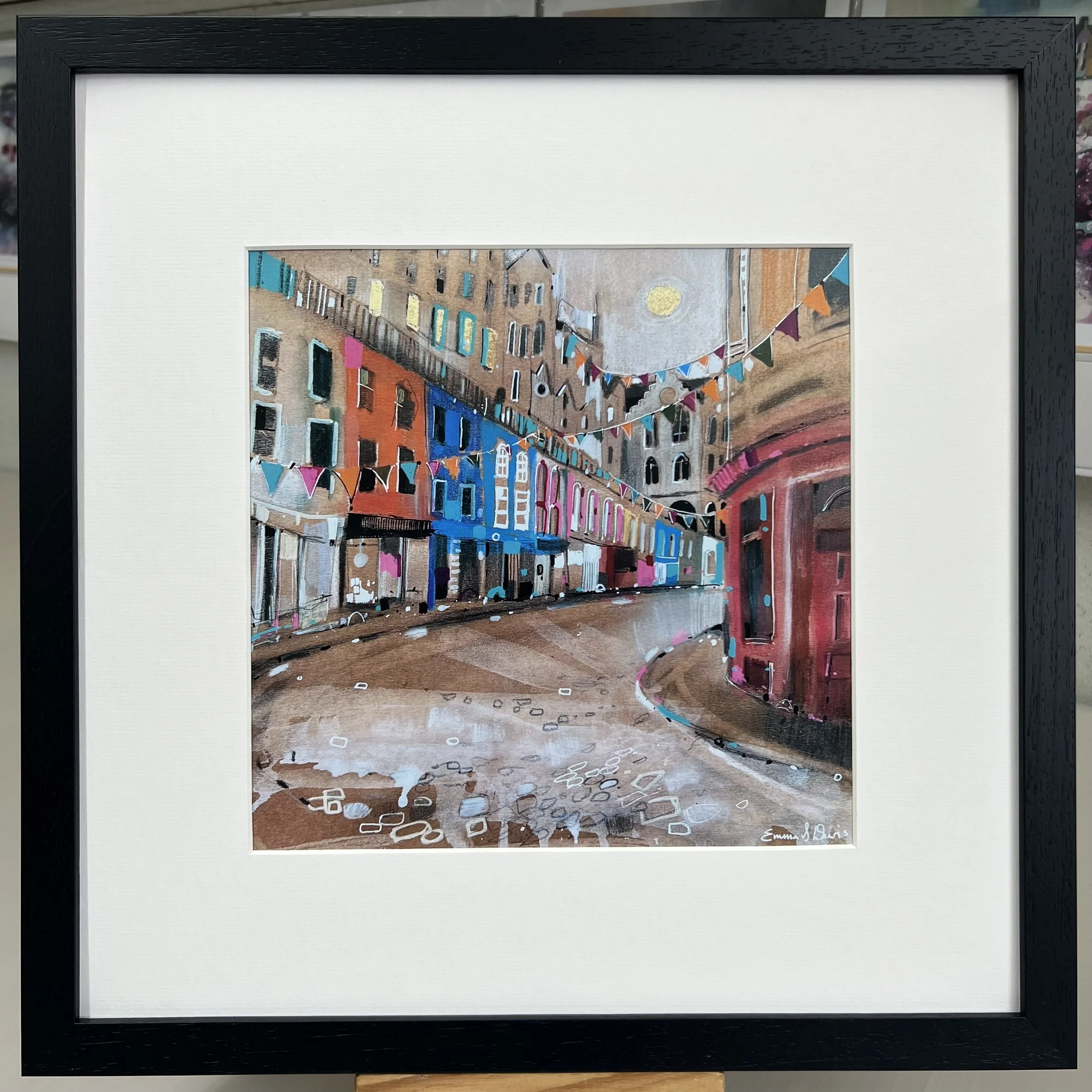 Bunting Victoria Street Edinburgh art print featuring the famous curved cobbled street in Edinburgh, Scotland. Framed black option.