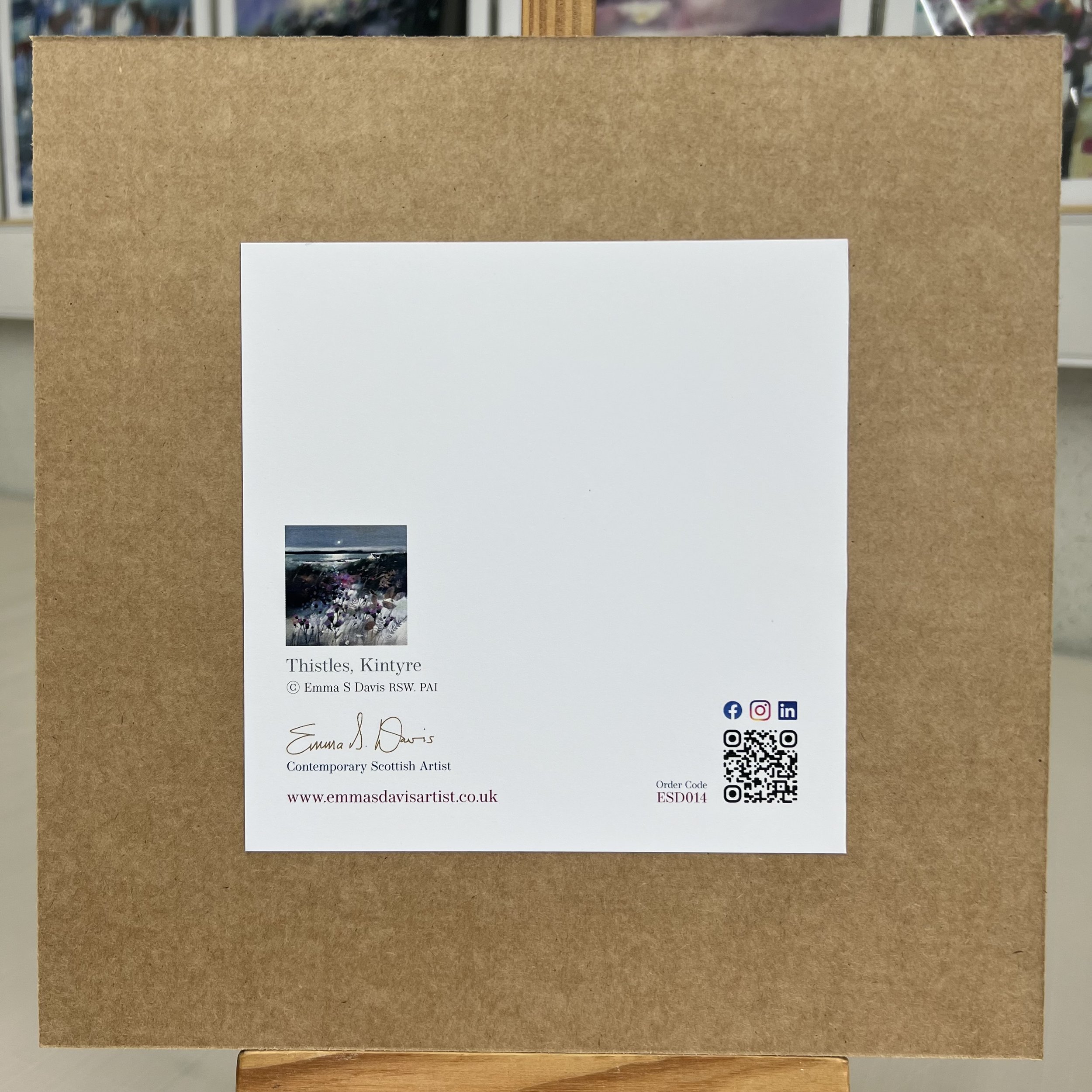 Greetings Card Thistles Kintyre Isle of Gigha by Scottish Landscape Artist Emma S Davis. Mounted option rear view.