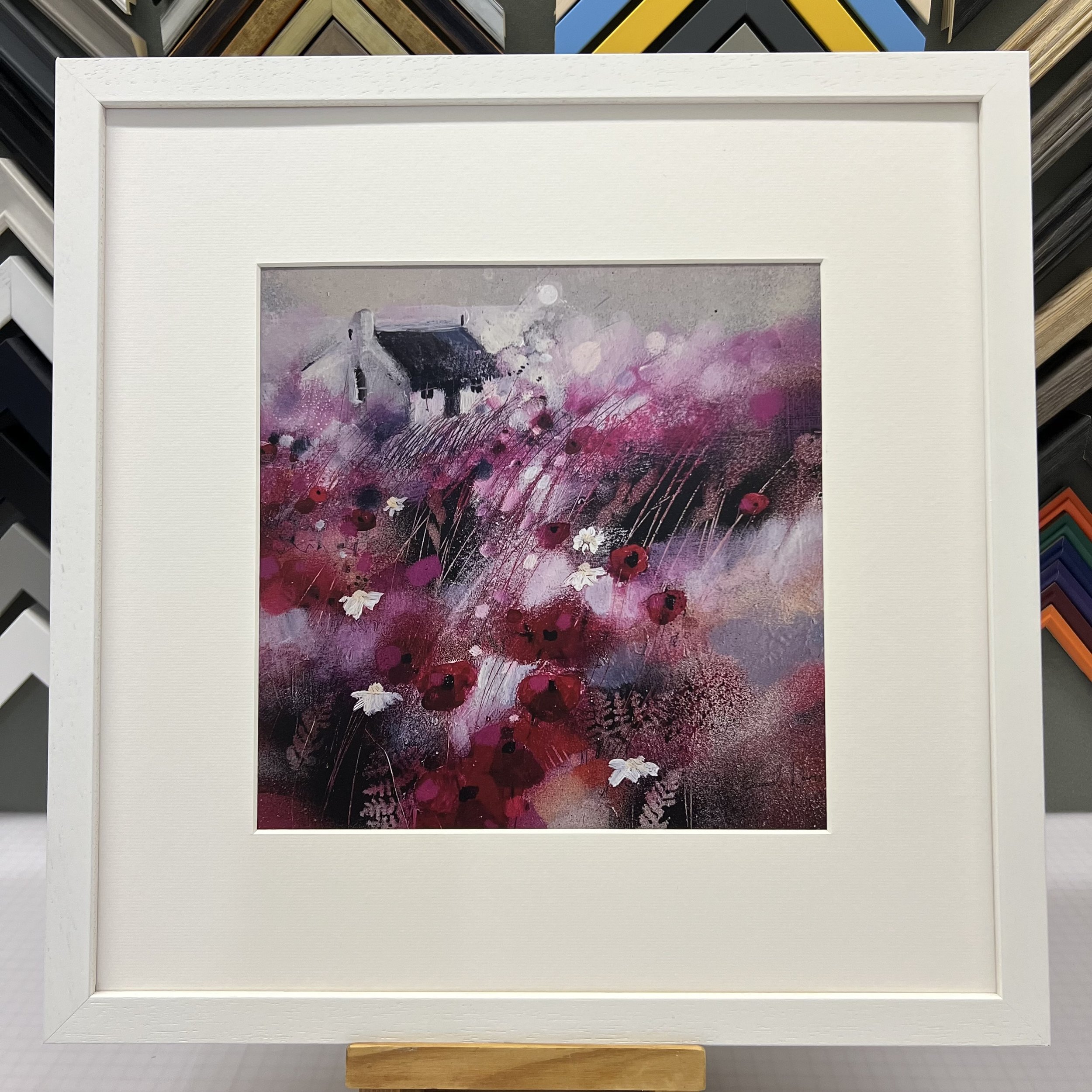 East Neuk Poppies Open Edition Art Print by Emma S Davis. Presented in a white frame, showcasing vibrant poppies in the picturesque East Neuk.