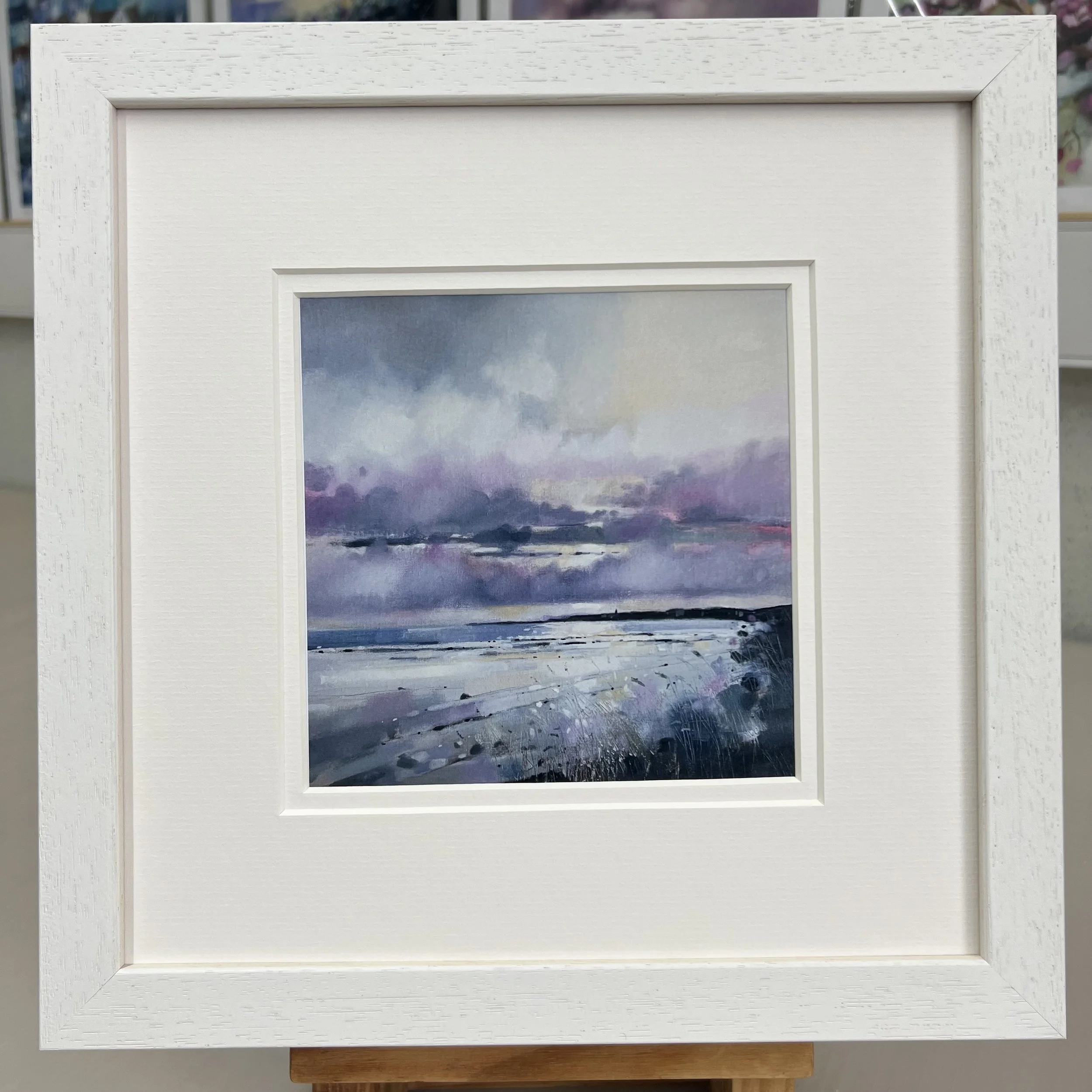Framed Art Card St Andrews West Sands Beach by Scottish Landscape Artist Emma S Davis. White Frame Double Mount