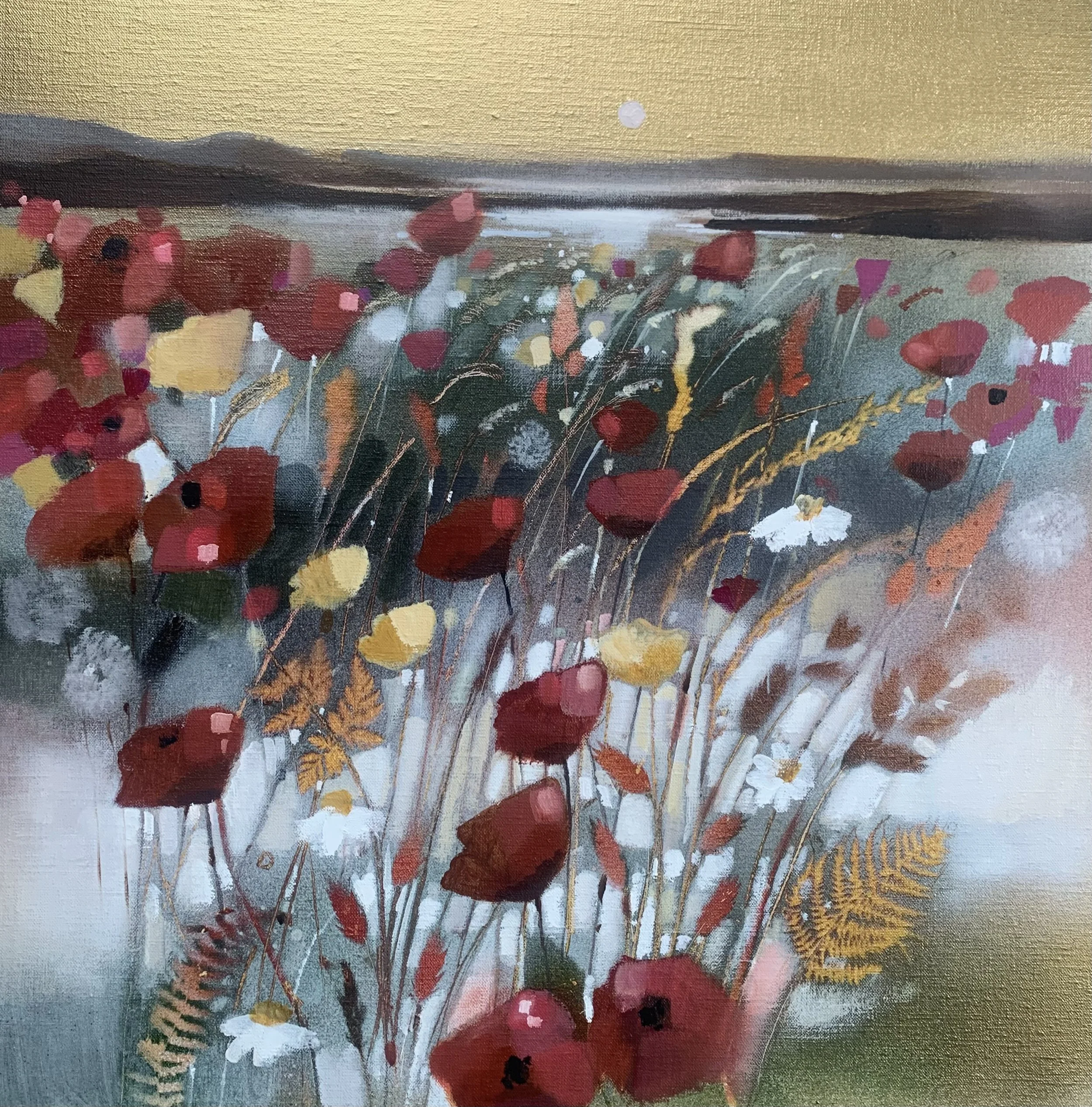 Original oil painting titled On Top of the World featuring red poppies and wildflowers beneath a golden moonlit sky