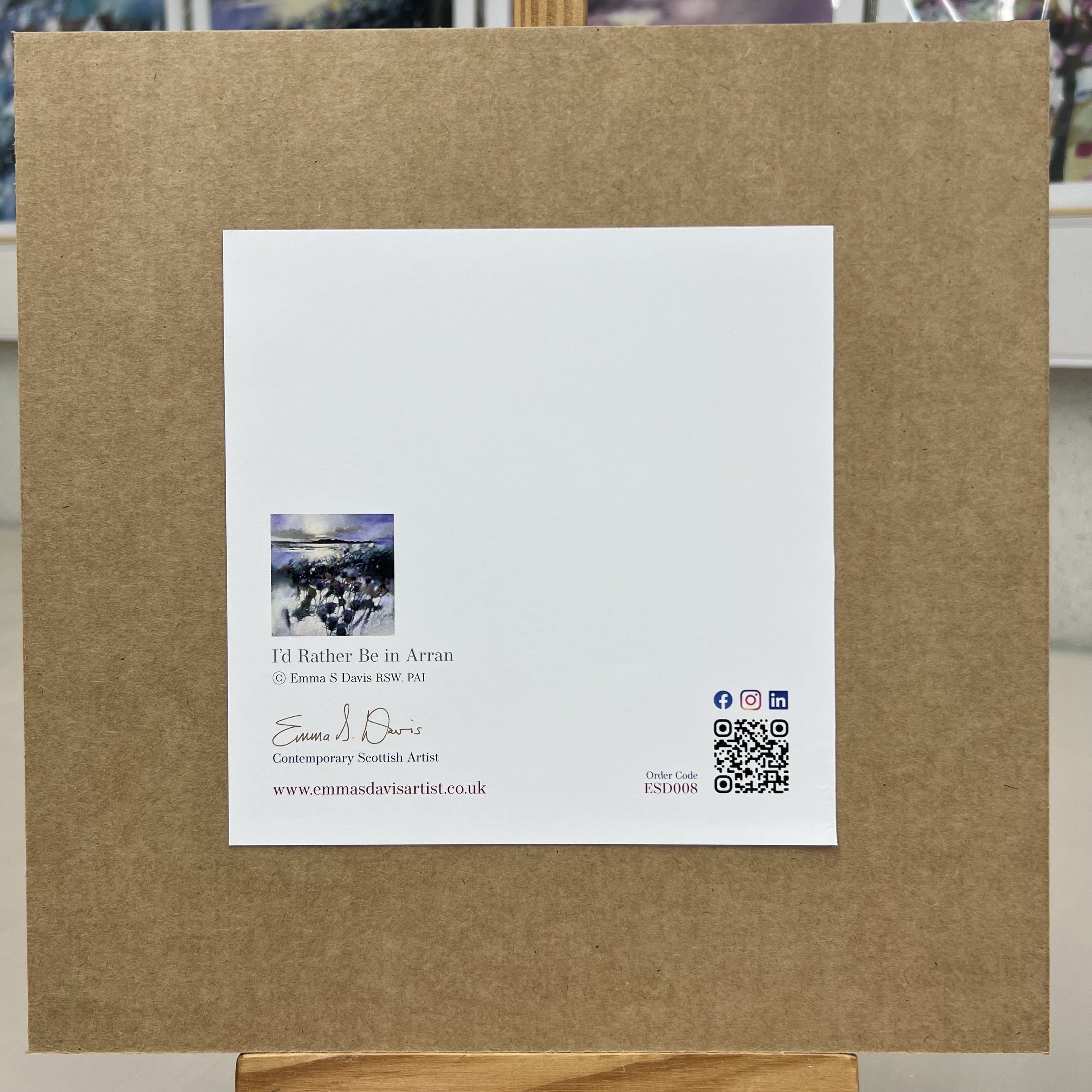 Greetings Card Isle of Arran Thistles by Scottish Landscape Artist Emma S Davis. Mounted option rear view.