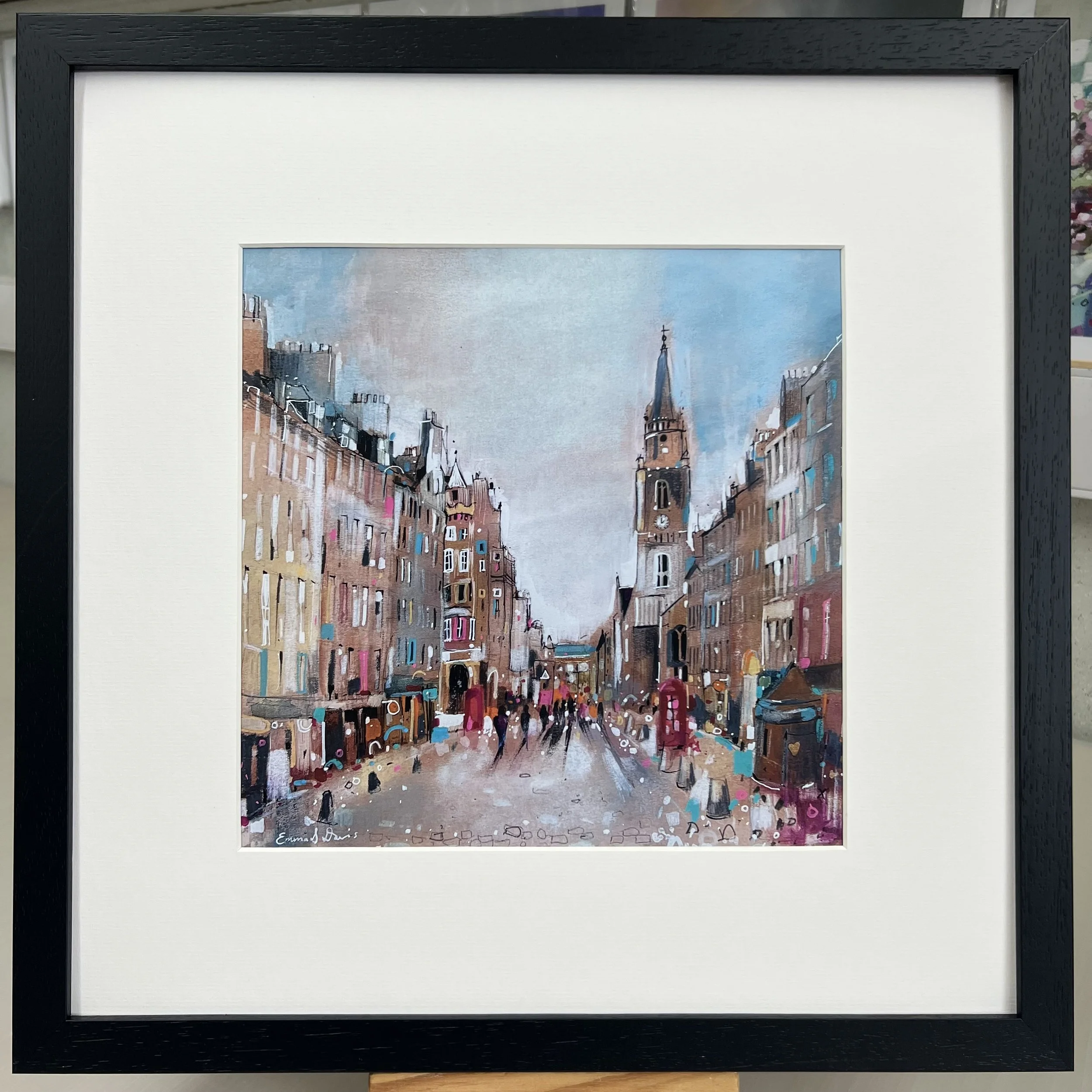 Royal Mile Edinburgh art print featuring one of Edinburgh’s most famous historic streets in Scotland by Emma S Davis Artist. Framed black option.