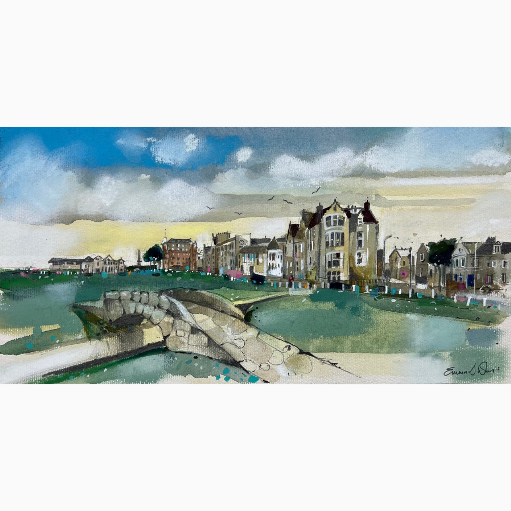 Swilcan Bridge St Andrews greeting card with Old Course and clubhouse by Scottish Landscape Artist Emma S Davis. Detailed view.