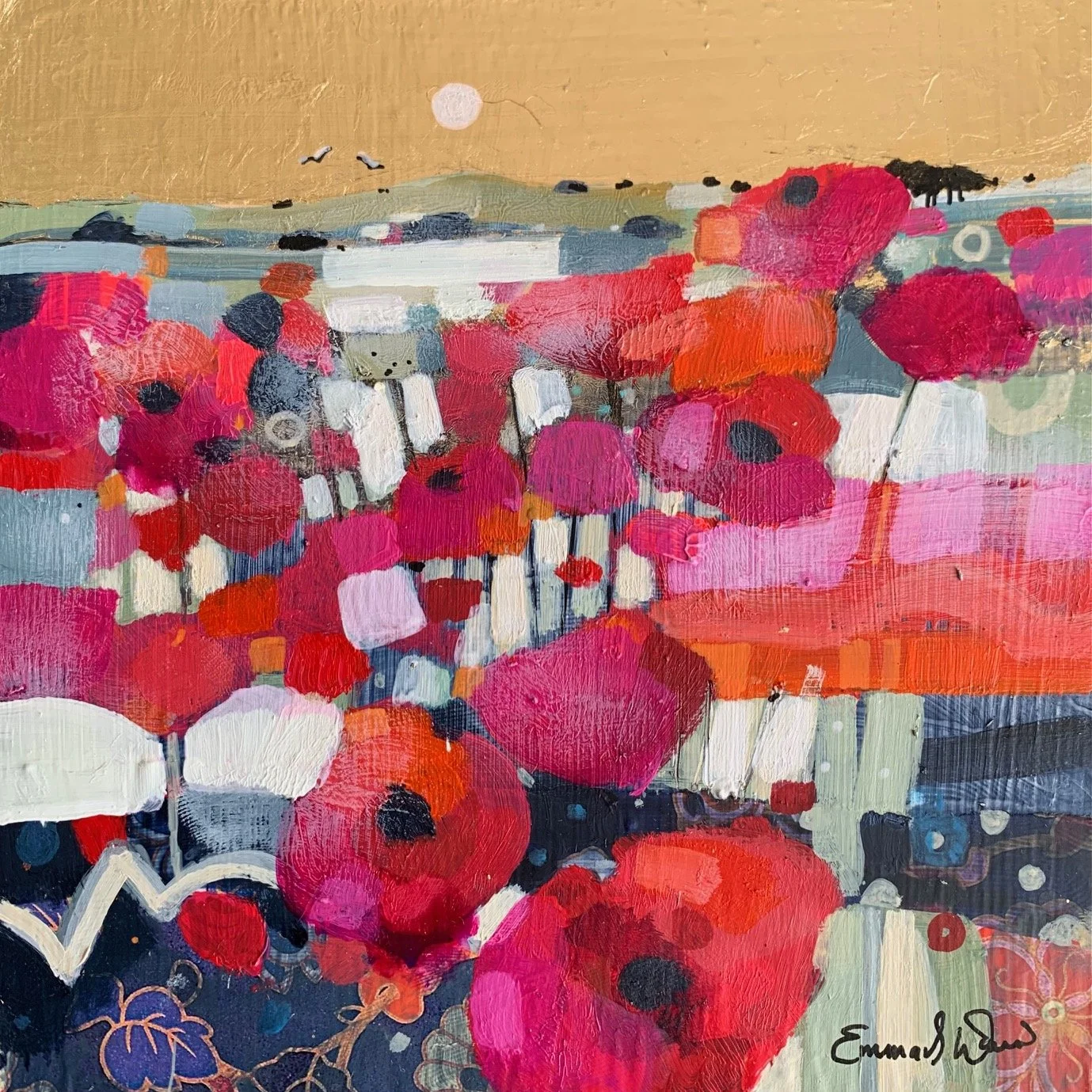 Original poppy field painting titled To the Moon Together featuring red poppies beneath a glowing moon and golden sky