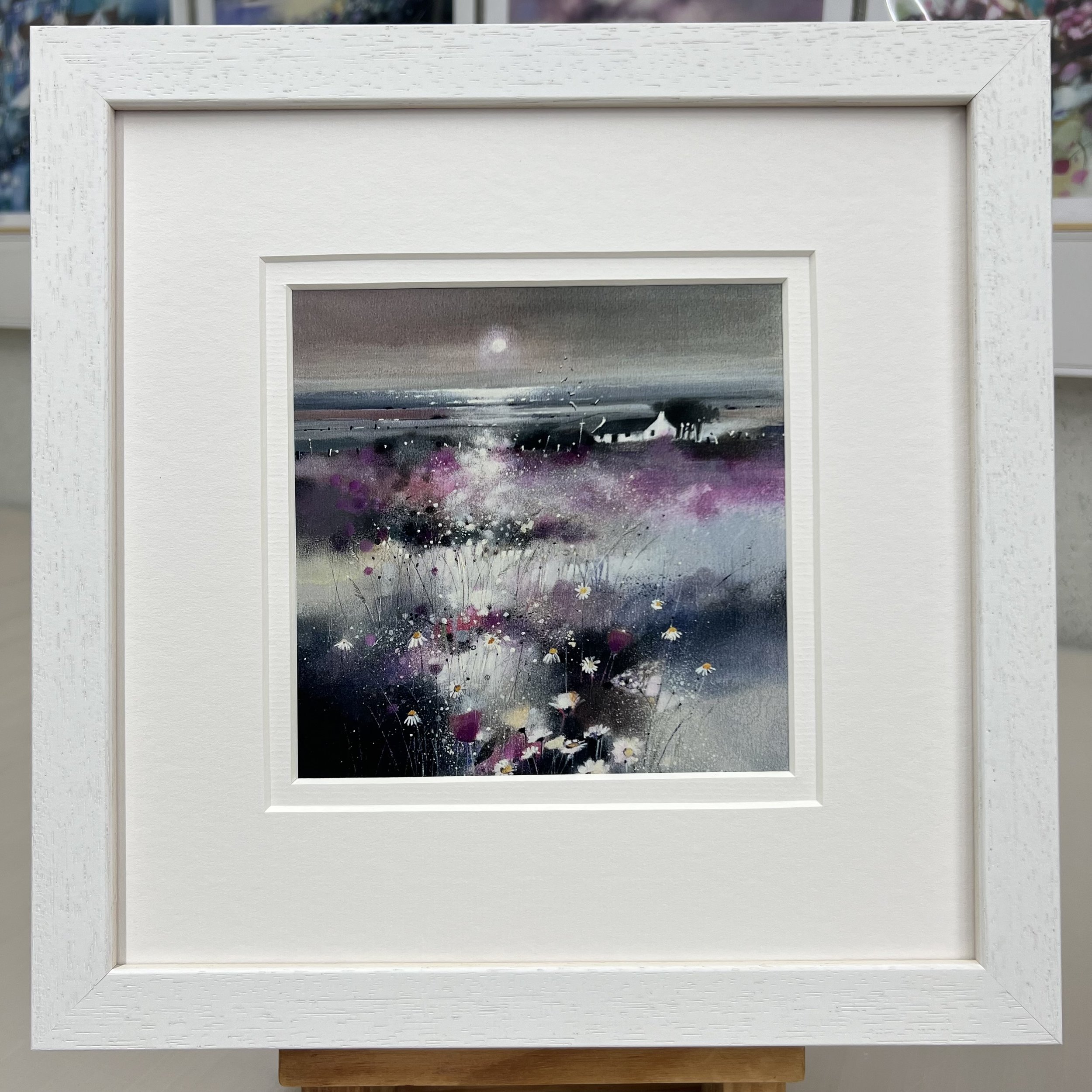 Highland Croft Scottish landscape framed white art card featuring a traditional croft surrounded by Highland scenery by Emma S Davis Artist. Double mount version.